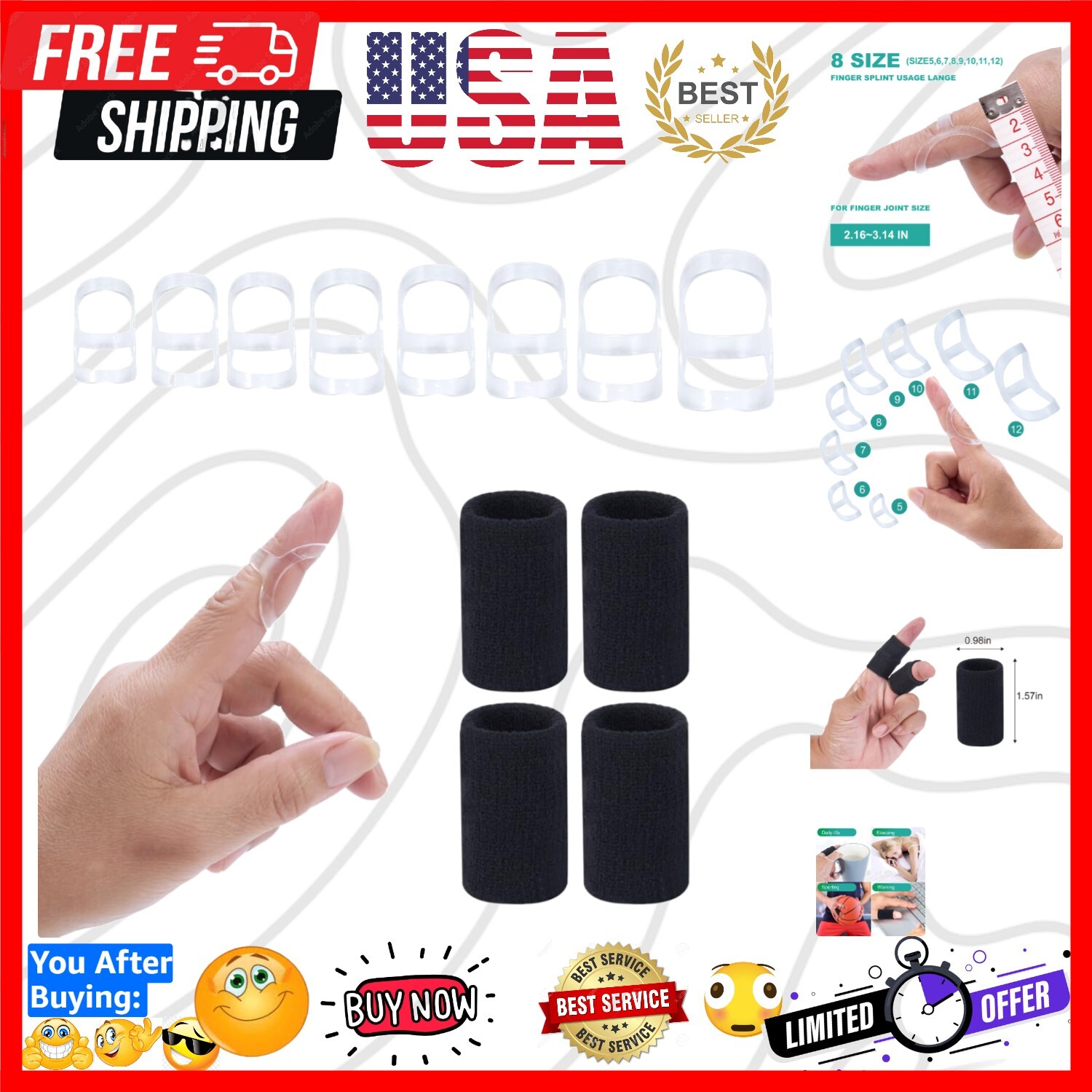 Adjustable 12-Piece Finger Splint Set – Supports Sizes 5 to 12 for Every Finger