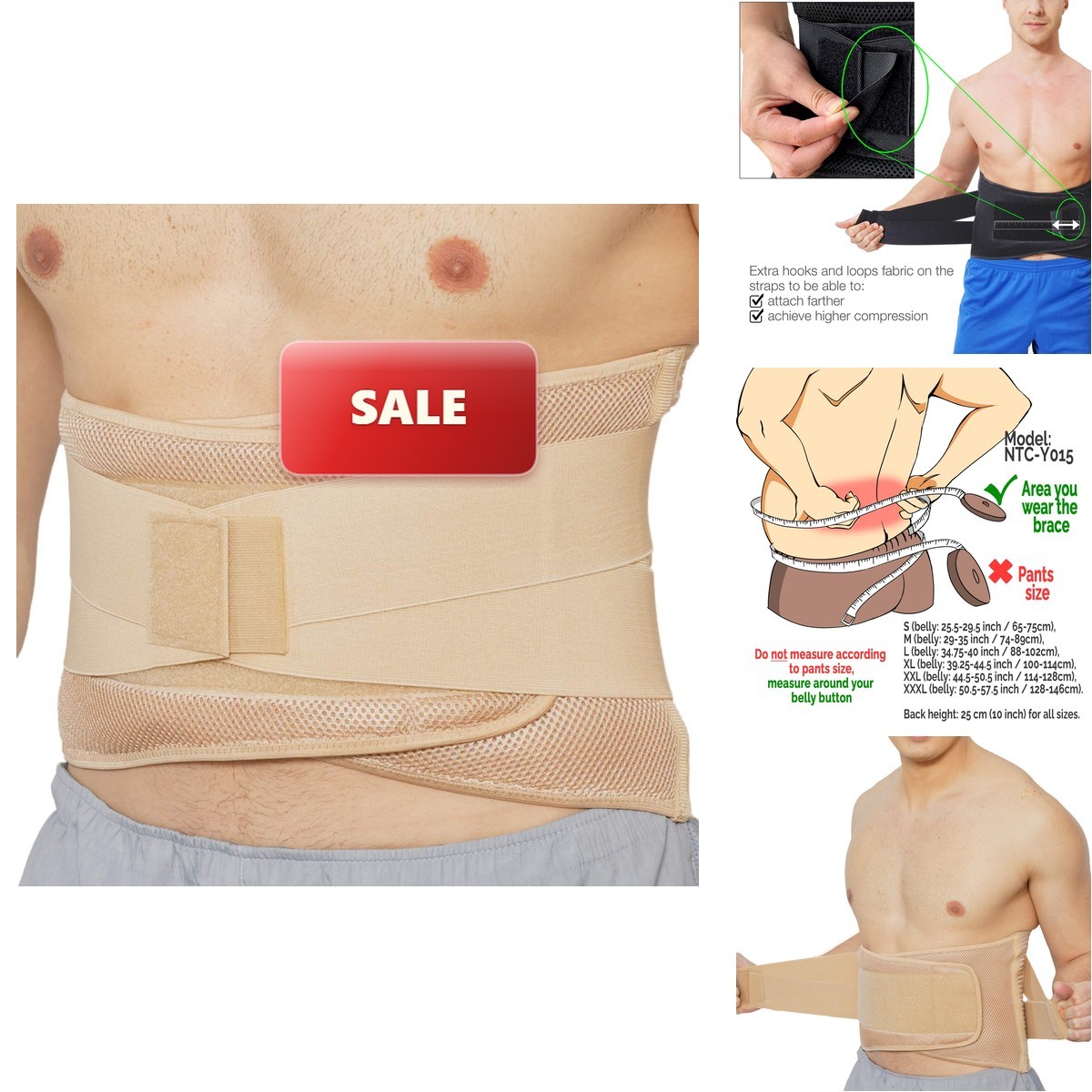 NeoTech Care Adjustable Compression Wide Back Brace Lumbar Support Belt (beige