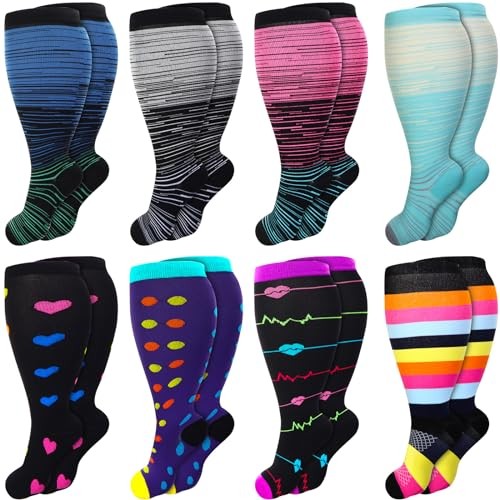 8 Pairs Plus Size Wide Calf Compression Socks for Women 3X-Large Stylish Style