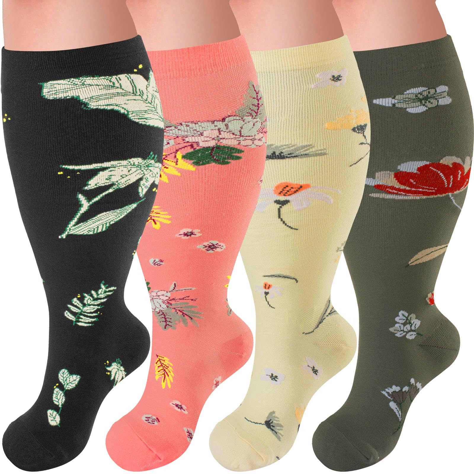 4 Pairs Plus Size Compression Socks Extra Wide Calf 20-30 mmHg Knee High