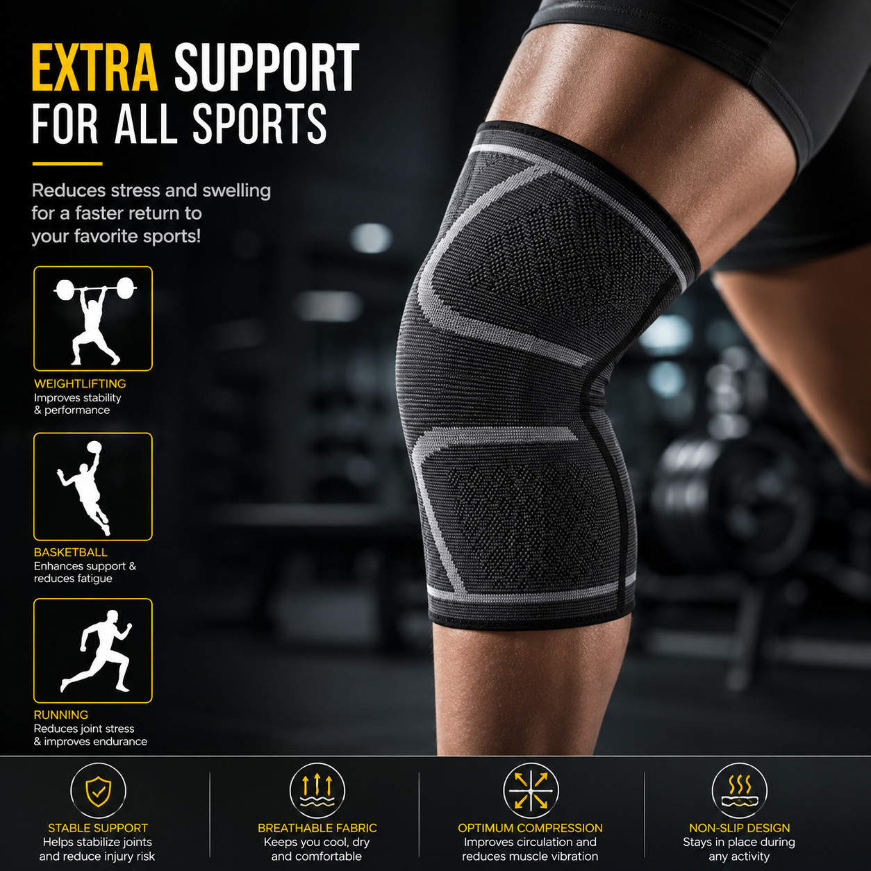Knee Compression Sleeve Brace Support for Sports Gym Arthritis Joint Pain Relief