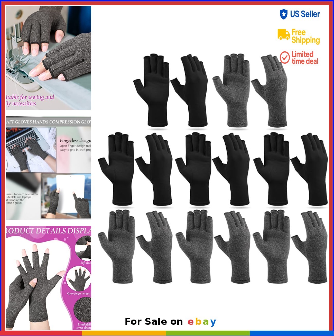Compression Gloves 8 Pairs Fingerless Arthritis Pain Relief Unisex Men Women