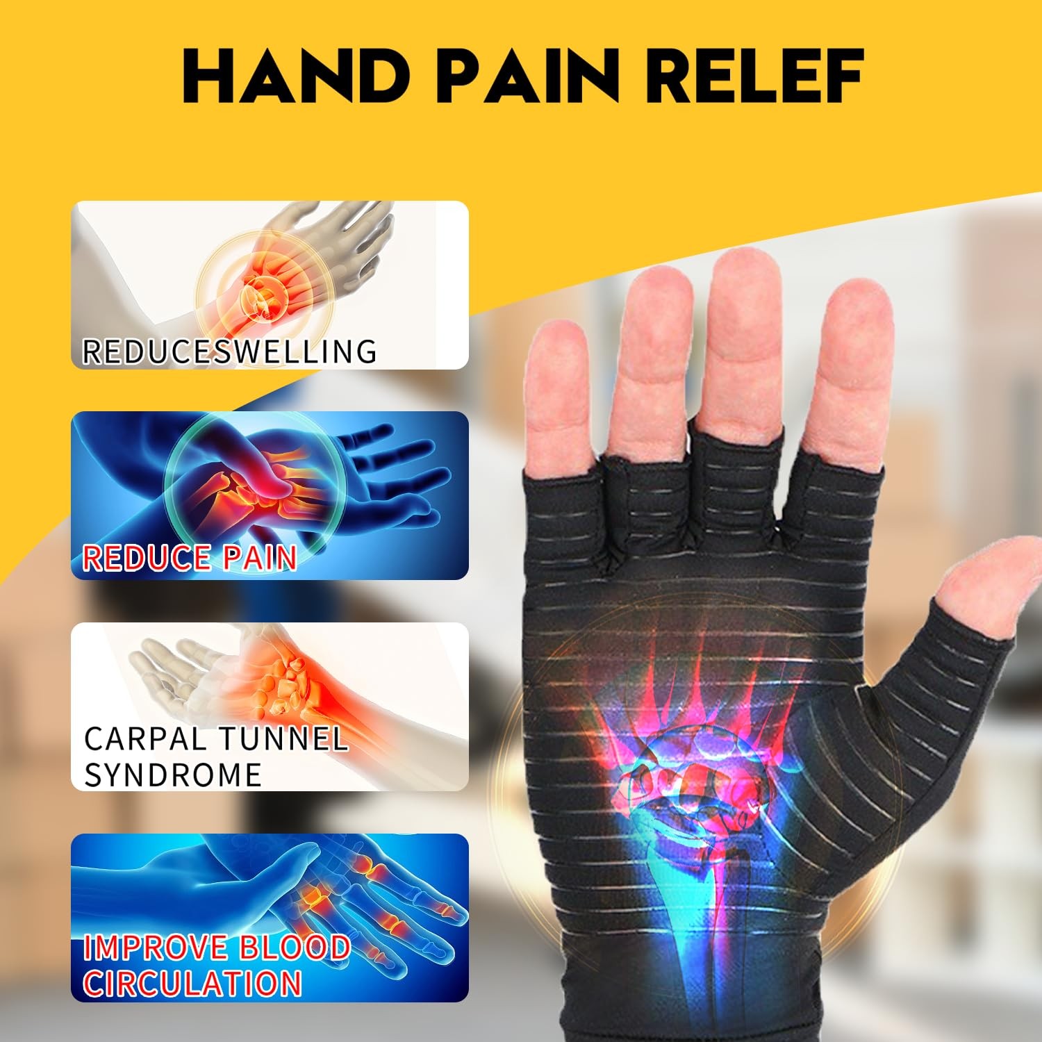 Copper Compression Gloves Fingerless Arthritis Pain Relief for Carpal Tunnel