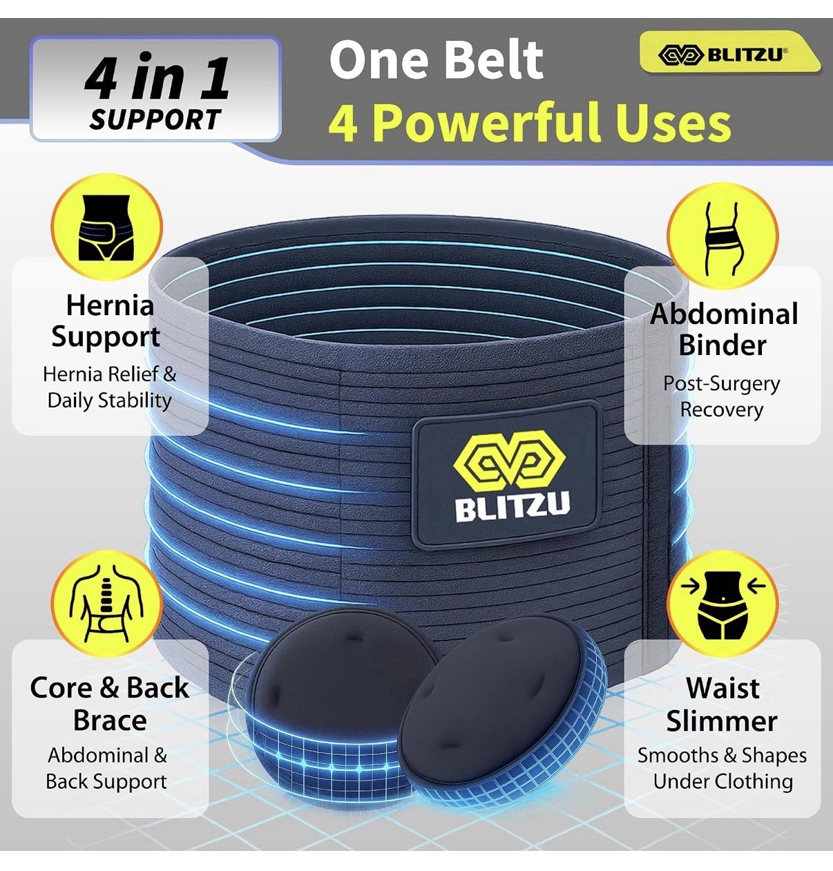 Blitzu Hernia Support Belt L/XL Adjustable Abdominal Compression w/ 3D Pad