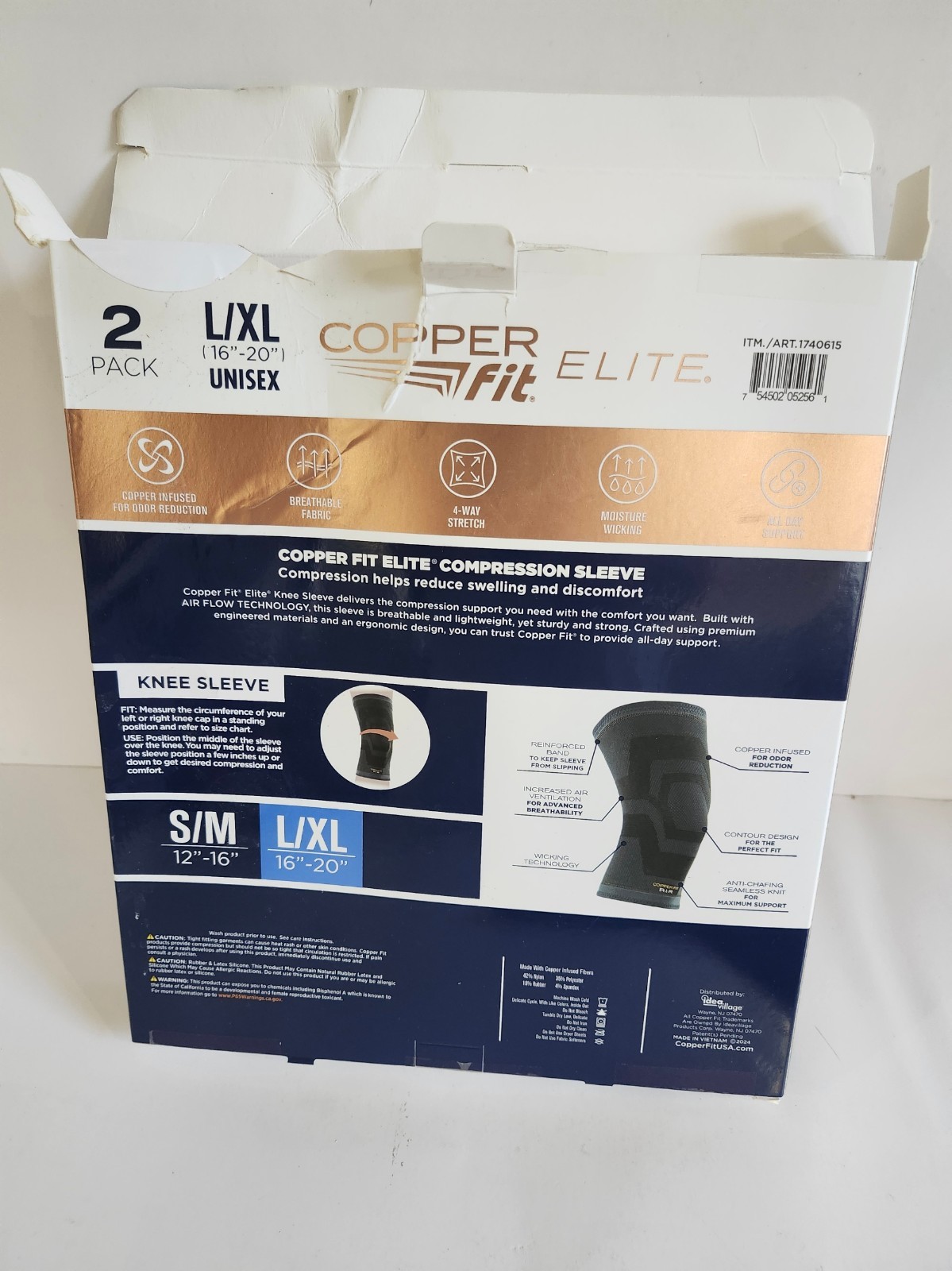 Elite Copper Fit Knee Compression Sleeve Flexible L/XL 16″-20″, 2-PACK Open Box