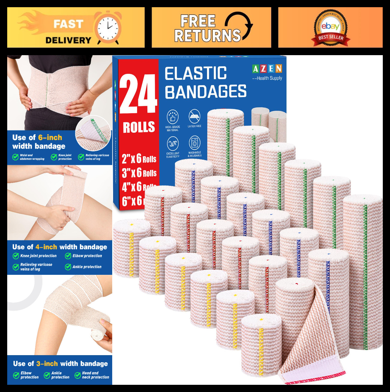 24 Pack Elastic Bandage Wraps – Compression for Legs, Ankle, Knee, Latex-Free