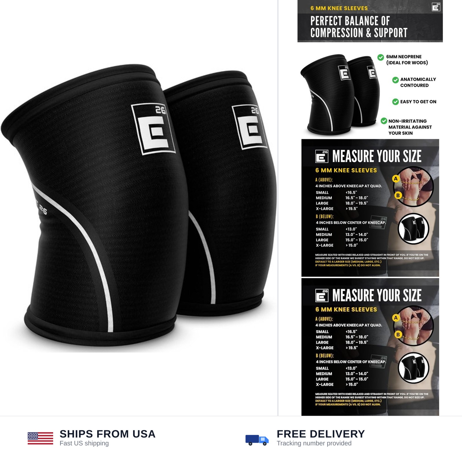 Element 26 Knee Sleeves for Weight Lifting with Gym Bag (M, Black) | 6mm Neop…