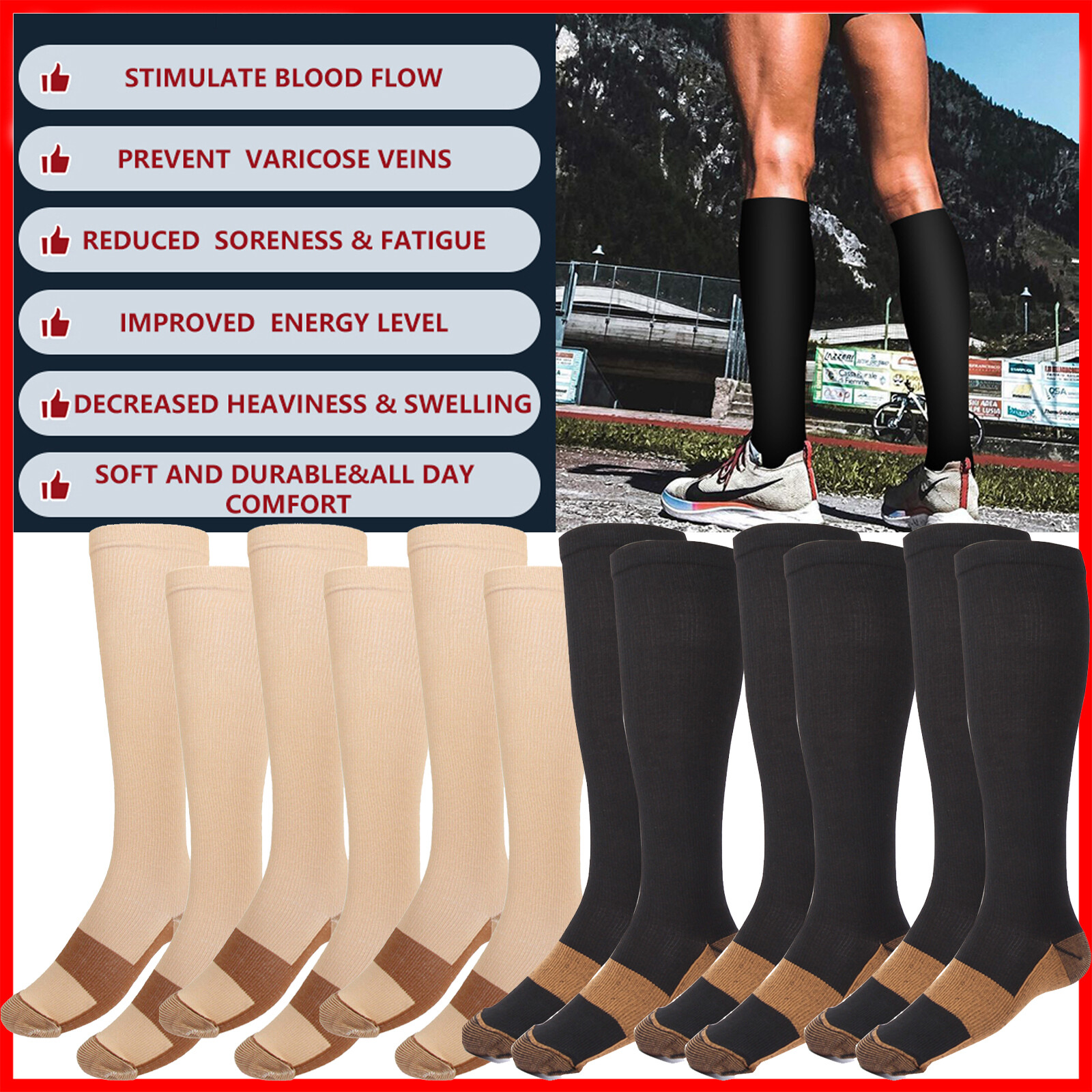(6 Pairs) Copper Compression Socks Graduated Support 20-30mmHg Mens Womens S-XXL