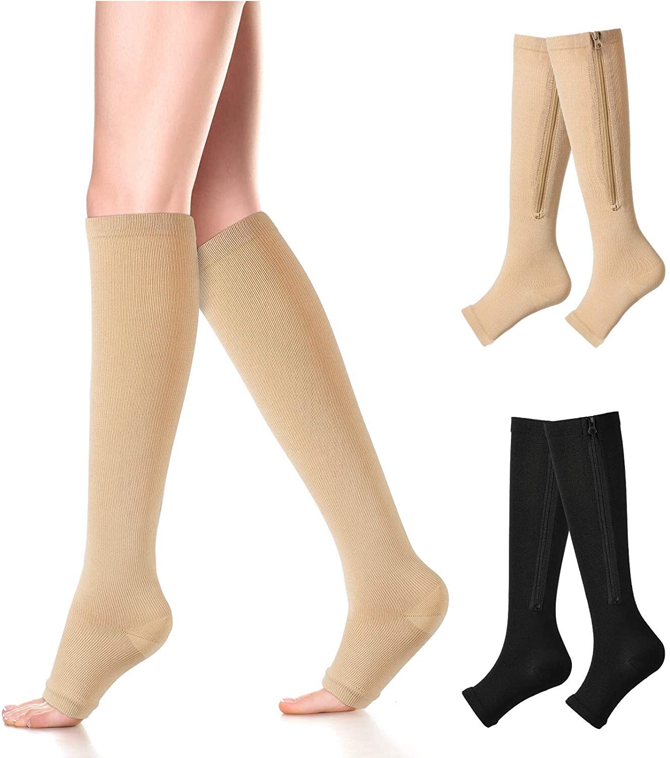 Zipper Compression Socks 1-6 Pairs Calf Knee High Stockings Open Toe for Runing
