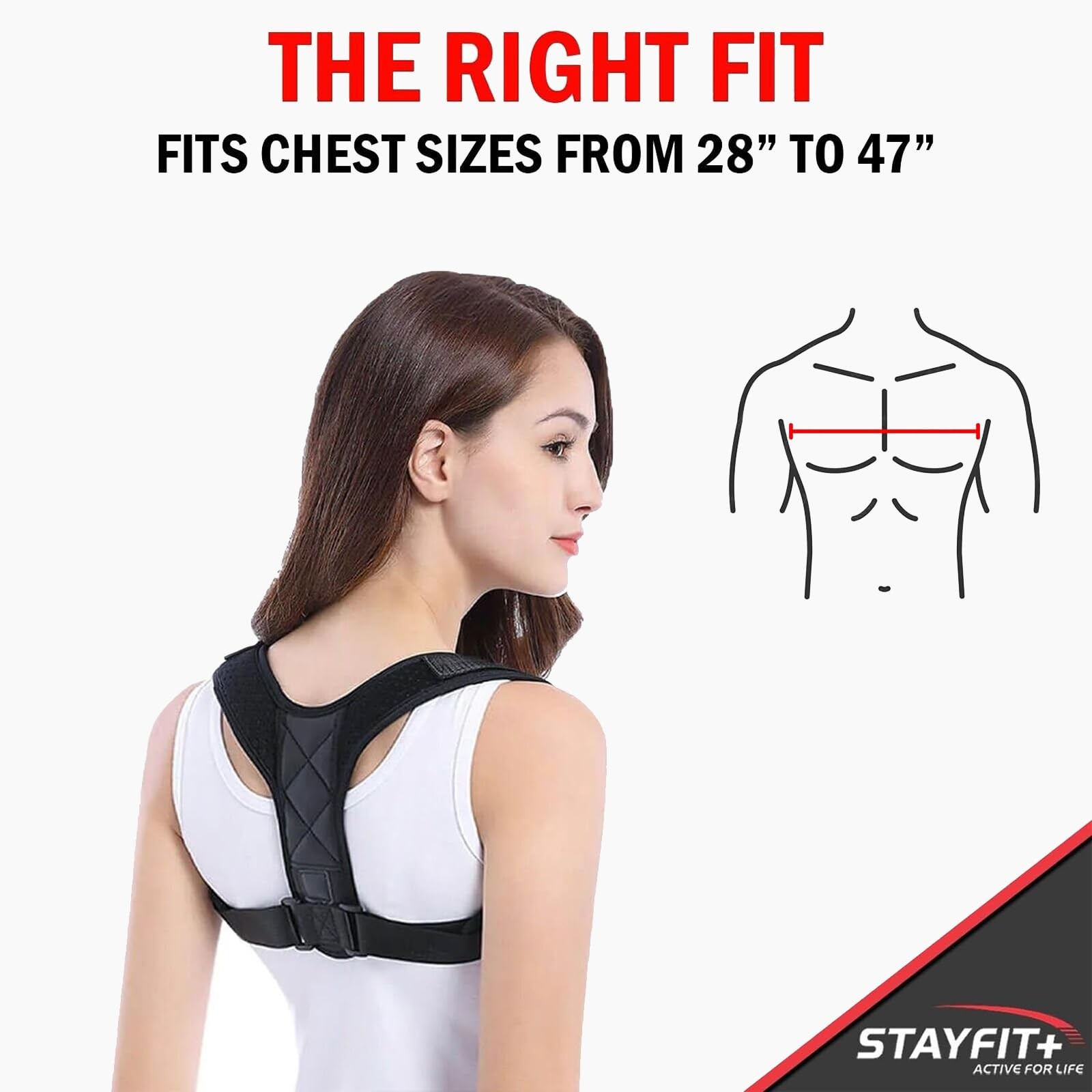 Stayfit Posture Corrector Unisex Back Brace, Adjustable Upper One Size, Black
