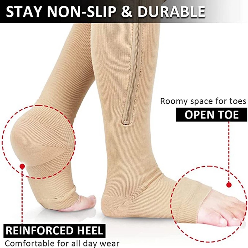Zipper Open Toe Compression Socks 20-30mmHg Calf Leg Ankle Support Stocking