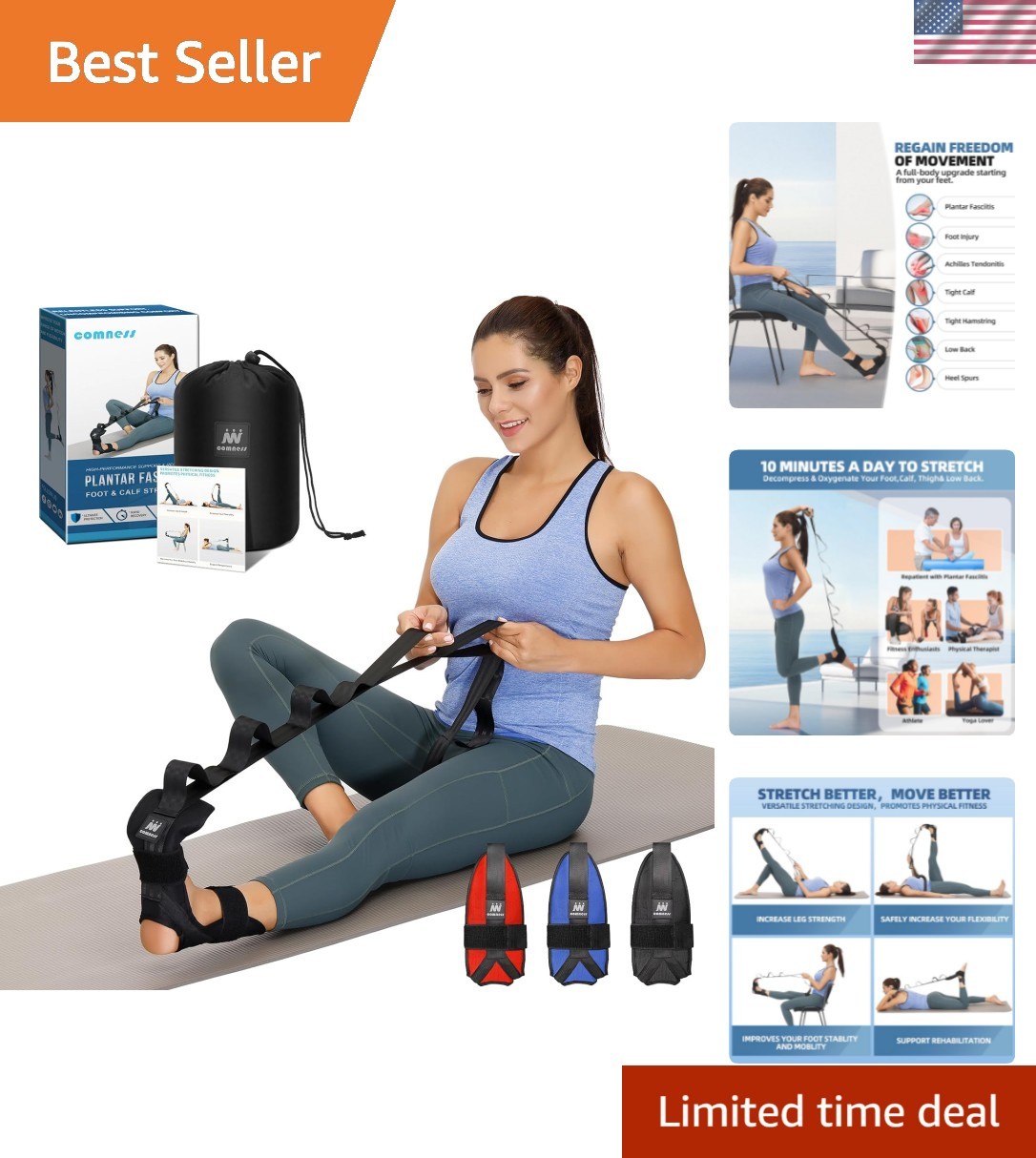 Foot and Calf Stretcher-Stretching Strap For Plantar Fasciitis, Heel Spurs, F…