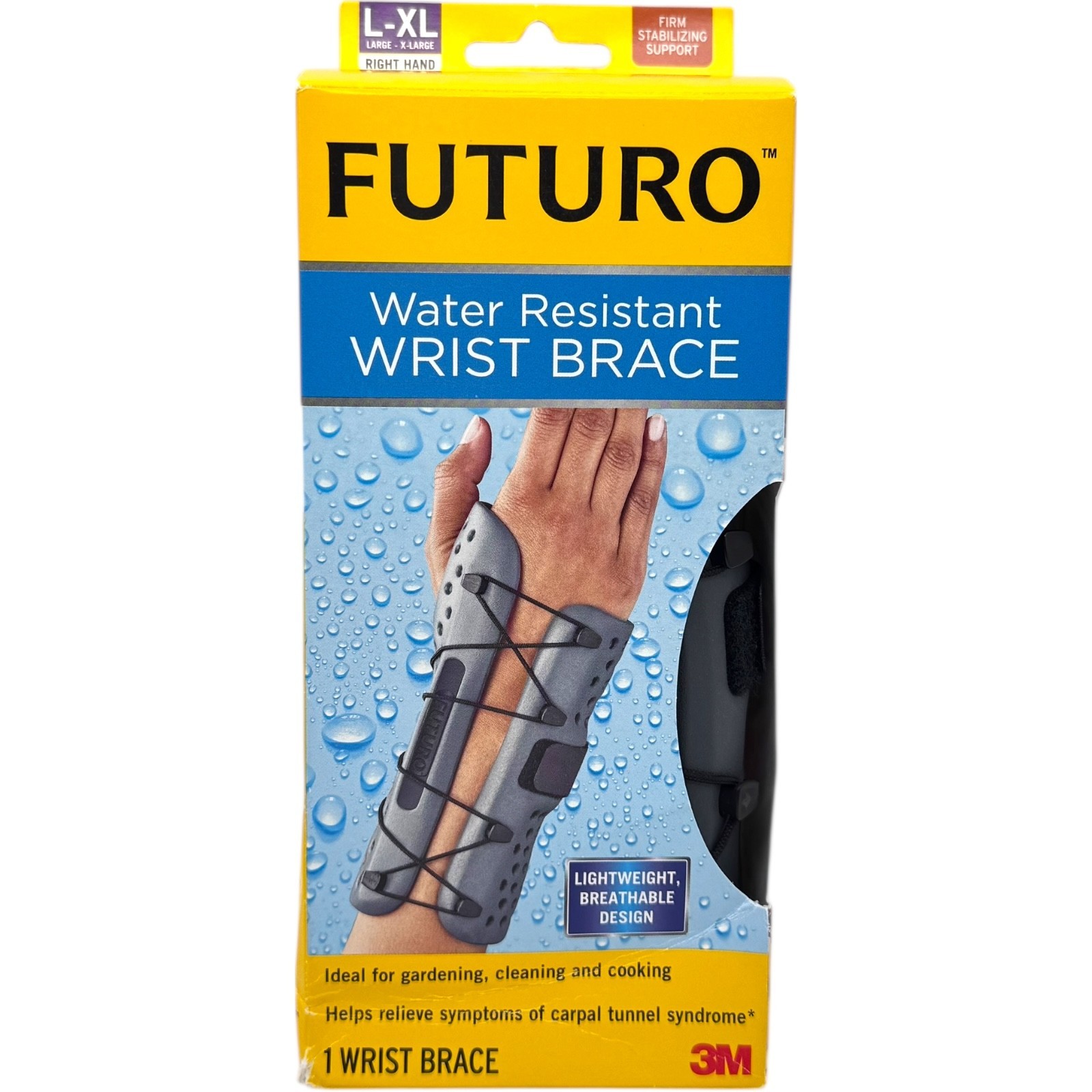 Futuro 3M Water Resistant Wrist Brace Right Hand L-XL Firm Support Splint Straps