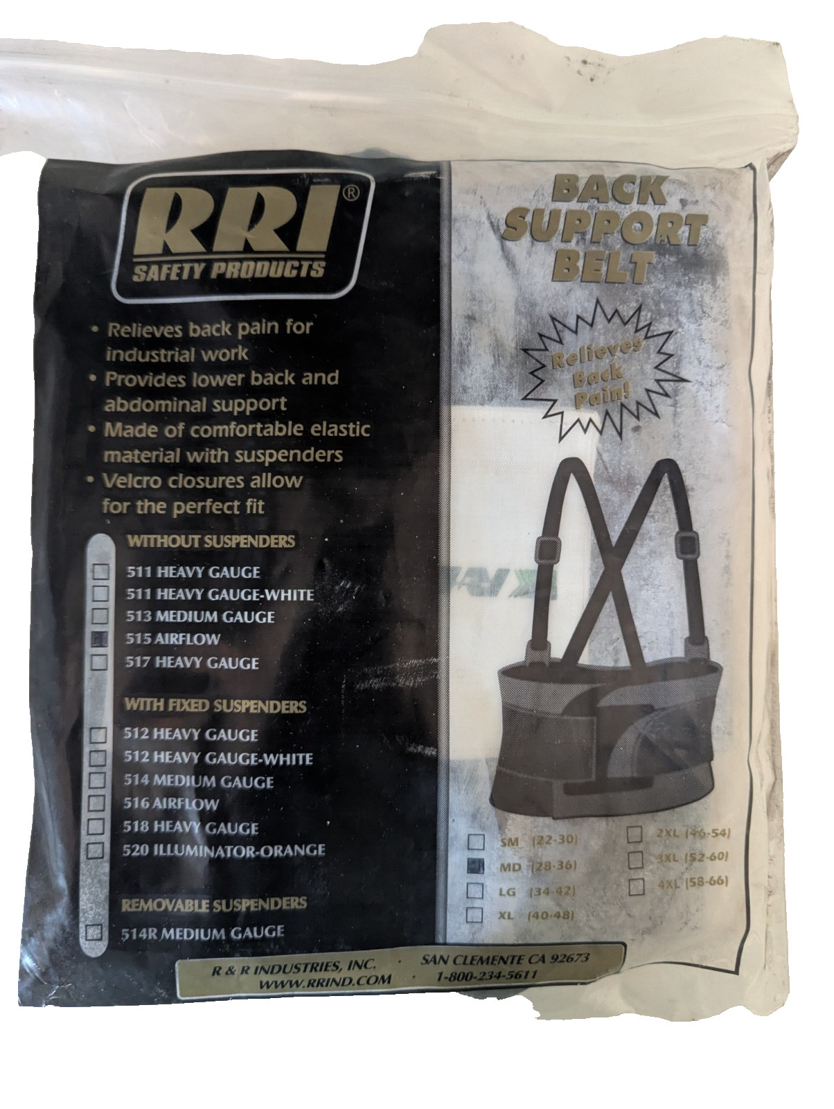 RRI Back Support Belt w/suspenders 515 Airflow