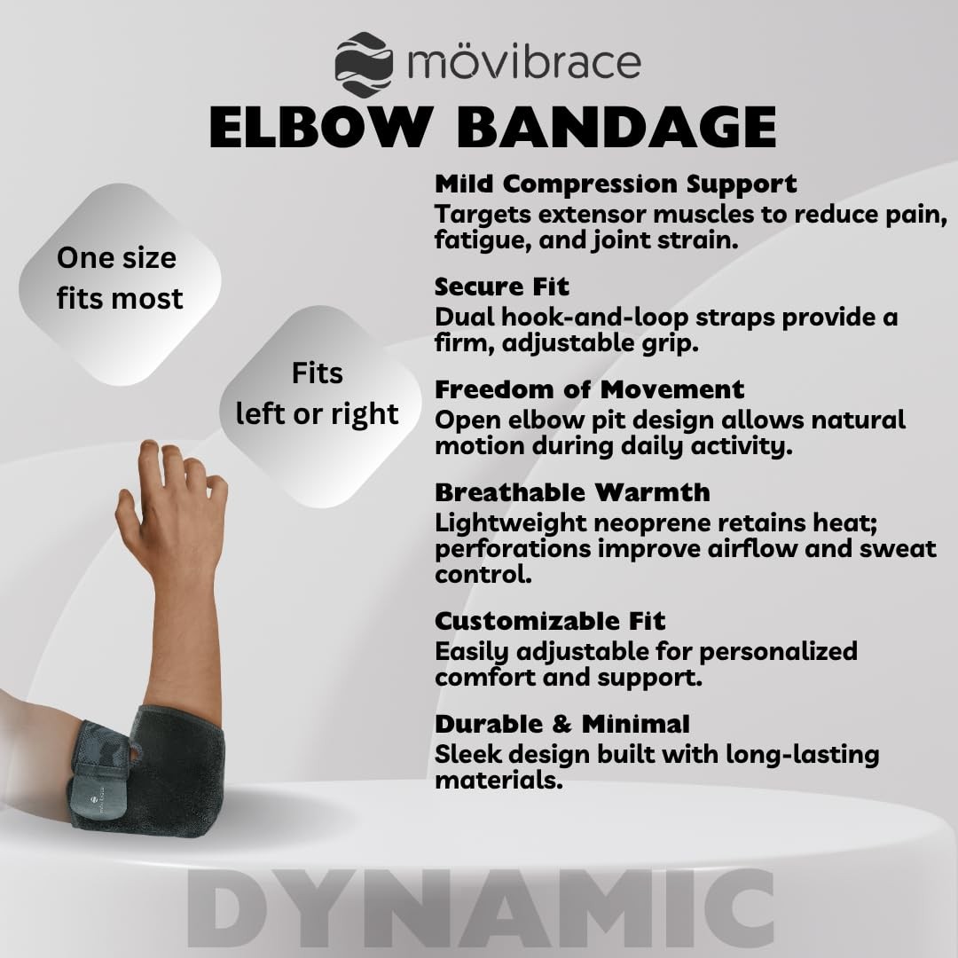 Movibrace Elbow Compression Bandage – Adjustable Strap, Fits 9-13″ Elbow