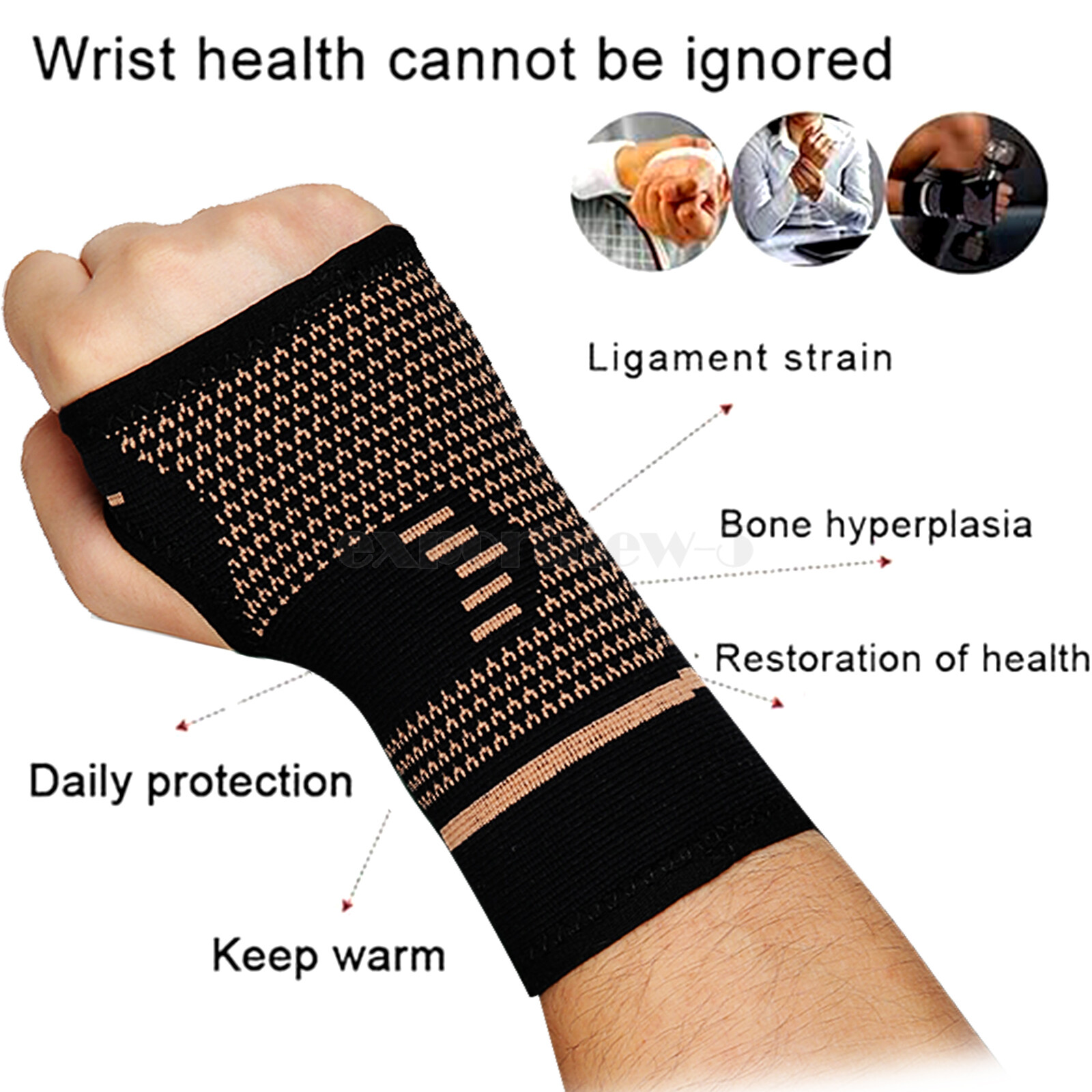 Single Copper Wrist Compression Glove Hand Support Pain Relief Joint Self Care