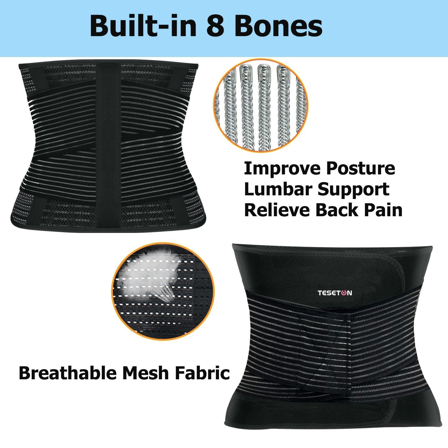 Adjustable Lumbar Support Back Brace for Pain Relief – 8 Reinforced Bones, Large