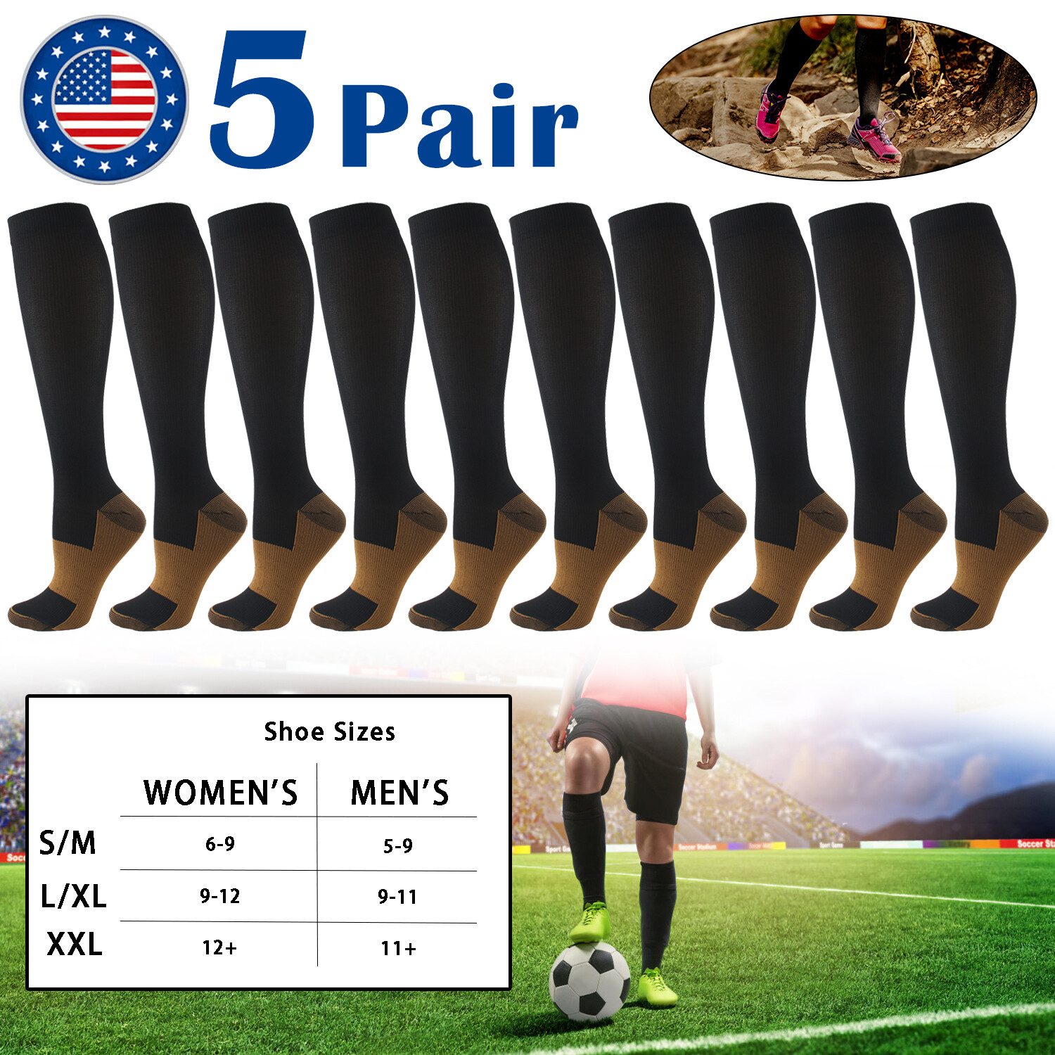 5 Pairs Copper Compression Socks 20-30mmHg Graduated Support Mens Womens S/M-XXL