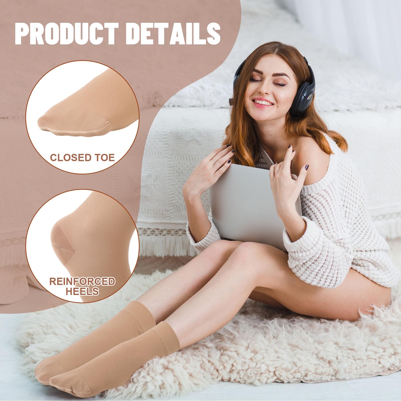 Shinymoon 4 Pairs Ankle Compression Socks 20-30 mmHg Closed S/M, Nude Color