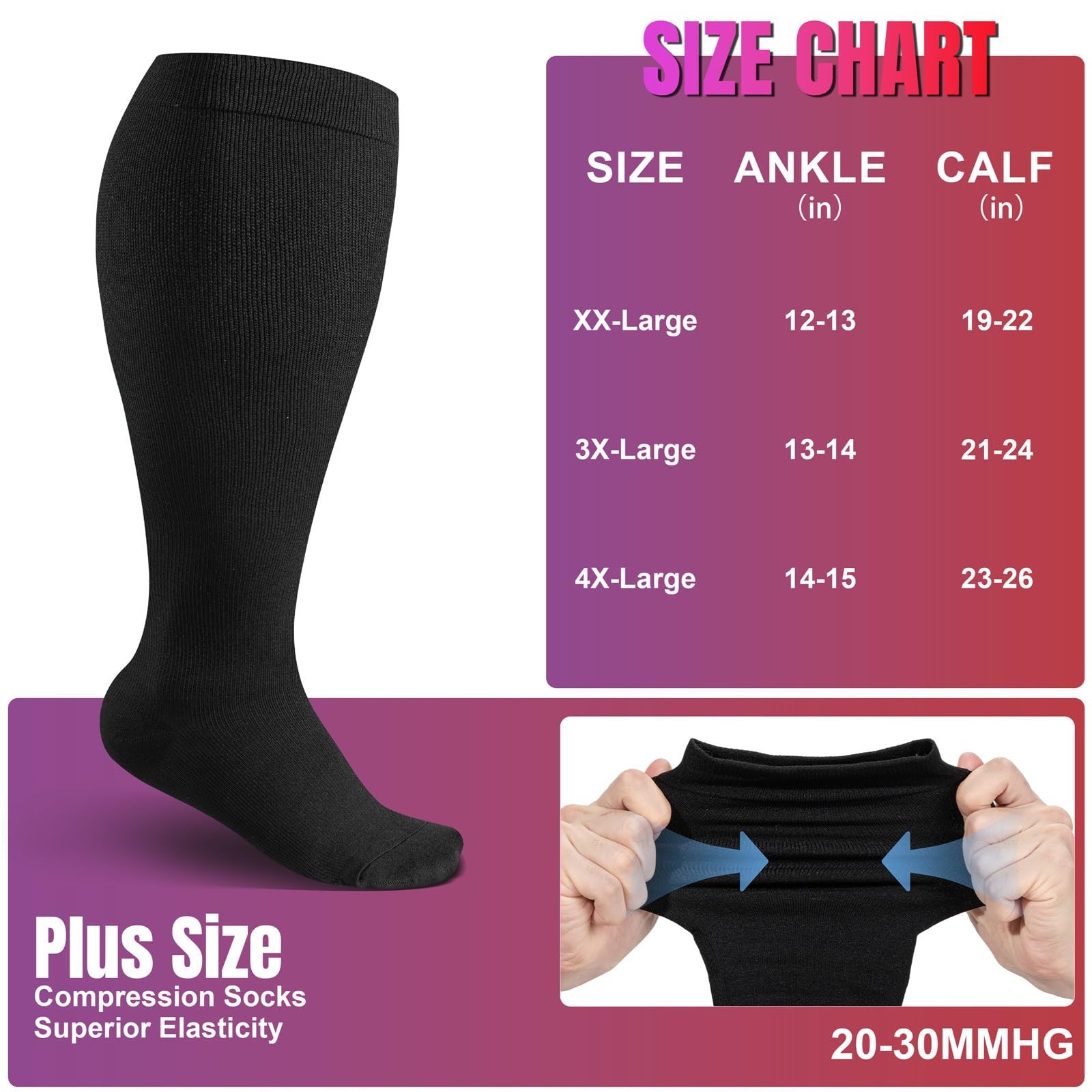 3 Pairs Plus Size Compression Socks Extra Wide Calf 20-30mmHg Support