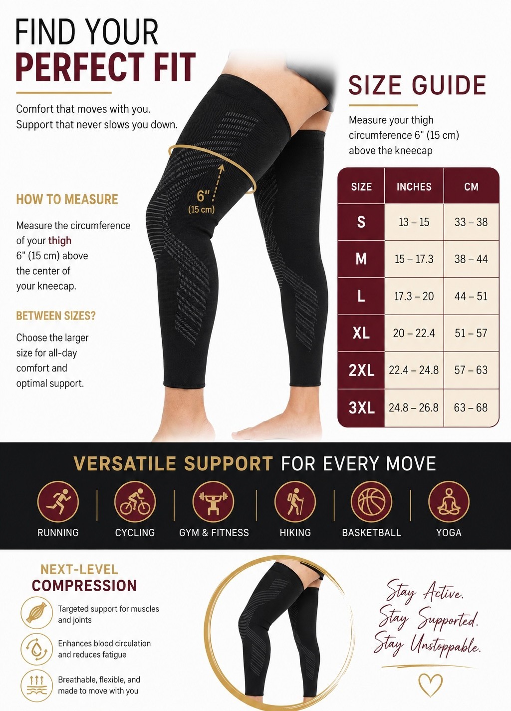Full Leg Knee Compression Sleeve Sizes S-3XL in Black, Gray, White Sold in 1 pk
