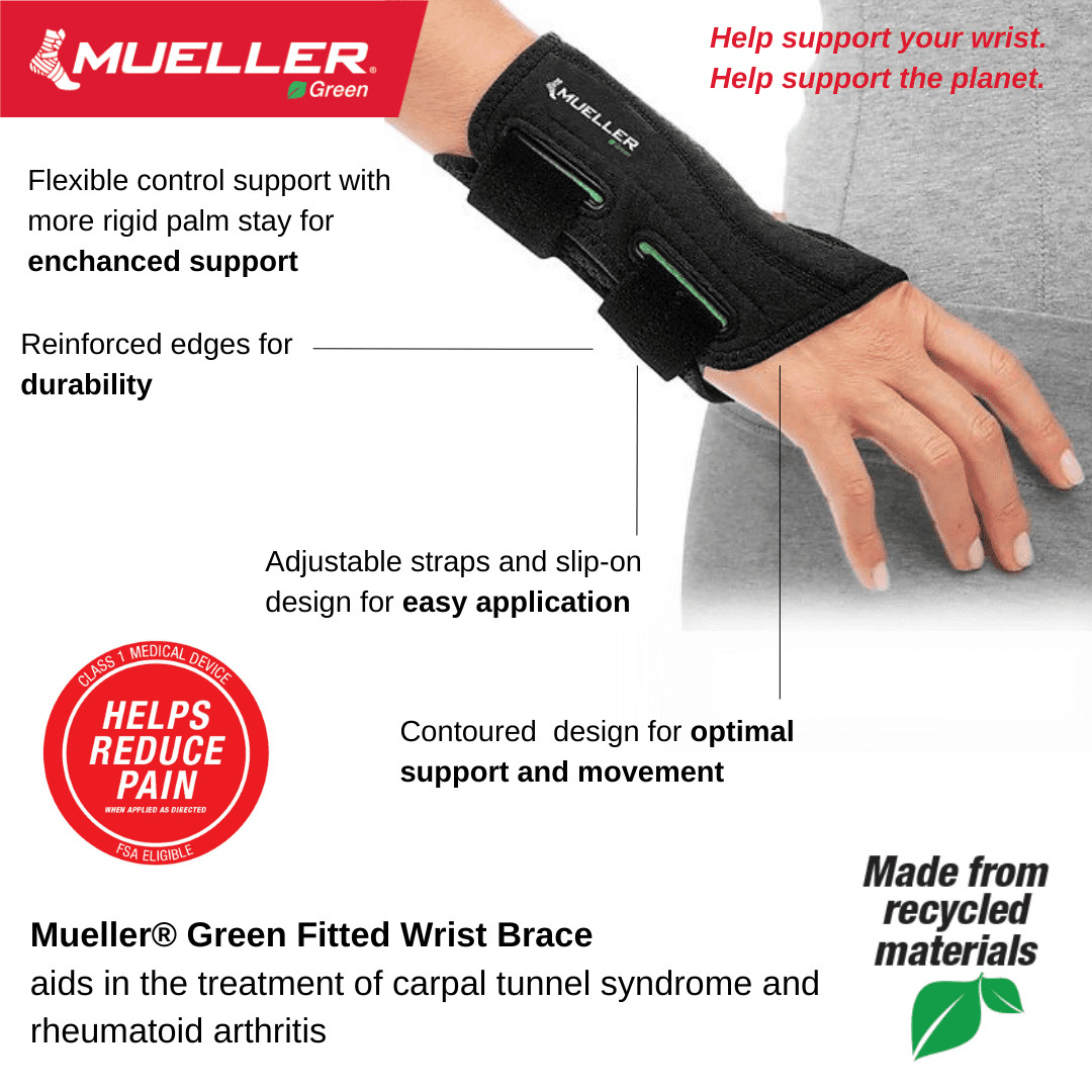 Mueller Green Fitted Wrist Brace, Right Hand, Unisex, One Size Fits Most, Black
