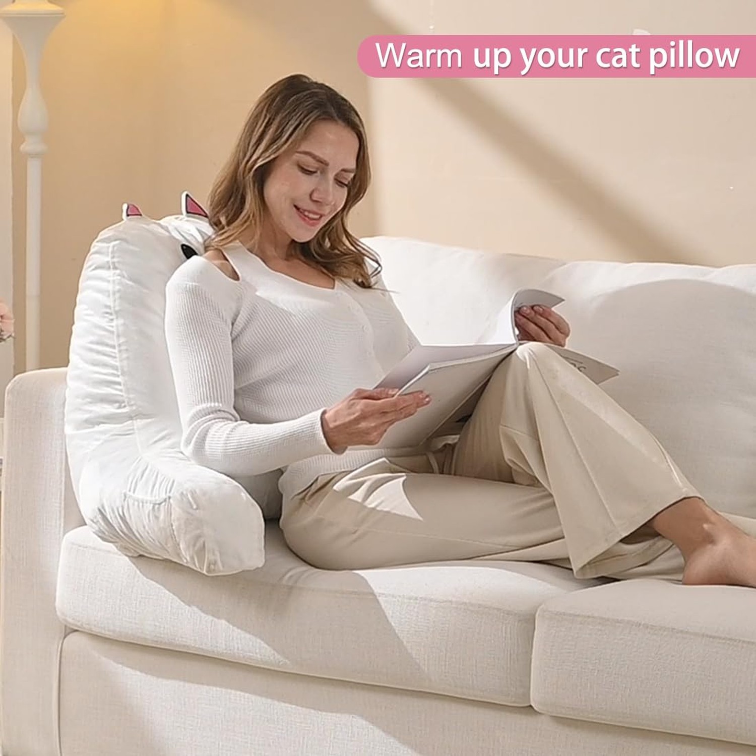 SUNSIDE Kitty Reading Pillow for Sitting in Bed, Cute Back Pillows for Adult …