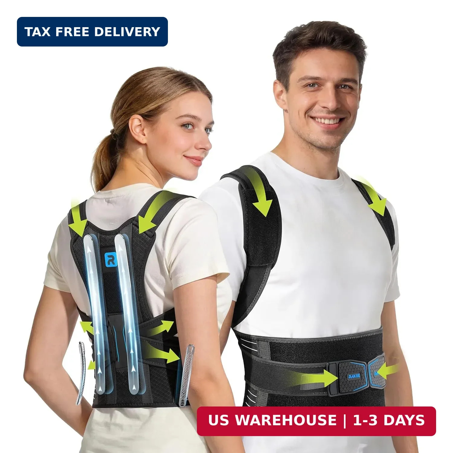 Rakiie Posture Corrector for Women Men, 4 Back Support Brace Bars, Adjustable Sh