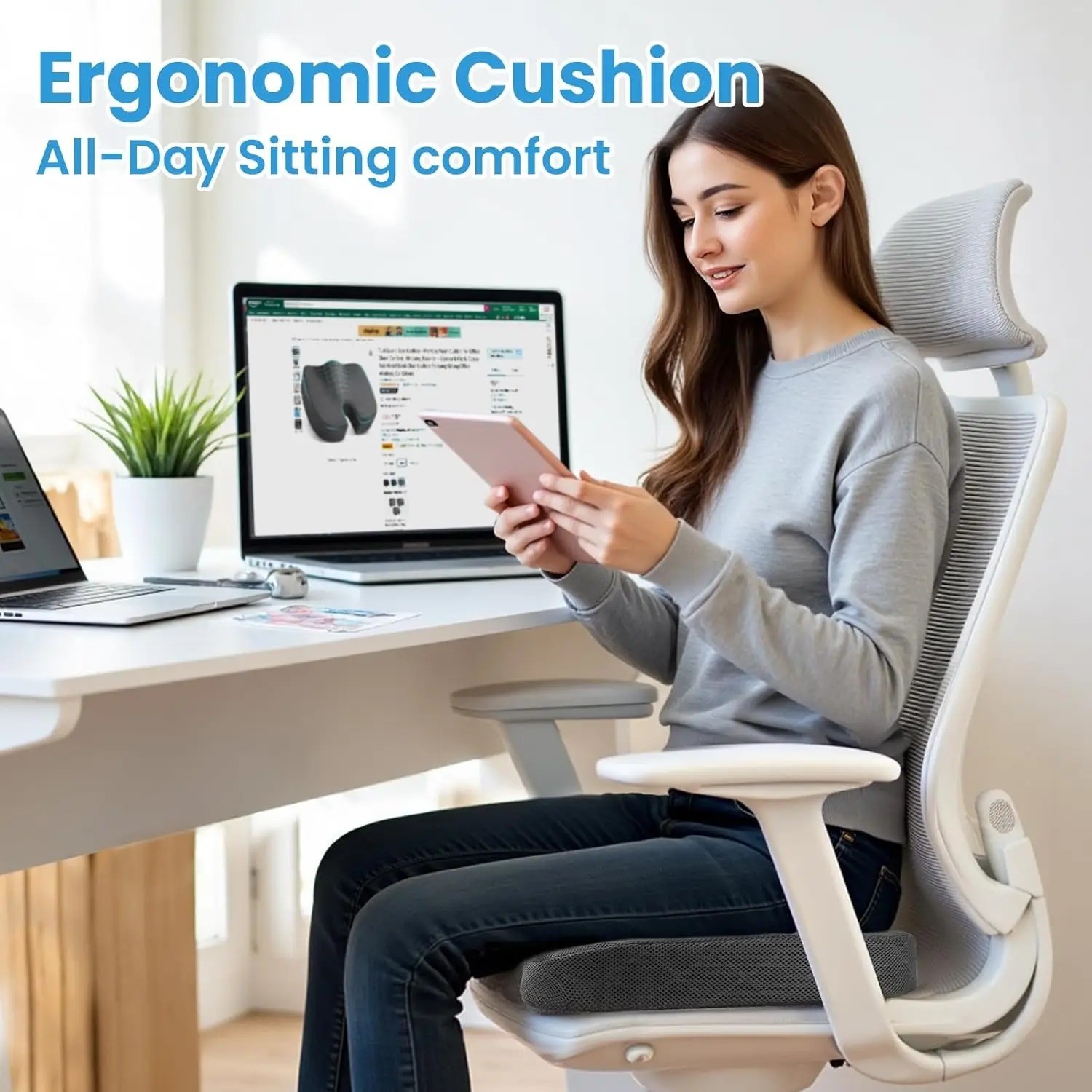 Memory Foam Seat Cushion Back, Tailbone & Hip Pain Relief for Office Chair / Car