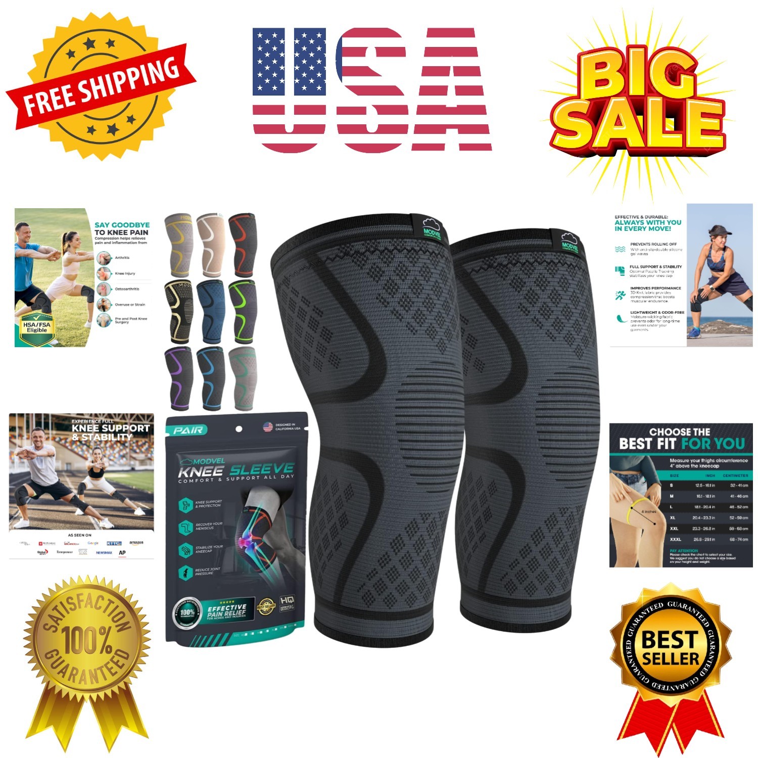 Compression Knee Brace for Women & Men, 2-Pack Knee Brace for Running Knee Pa…