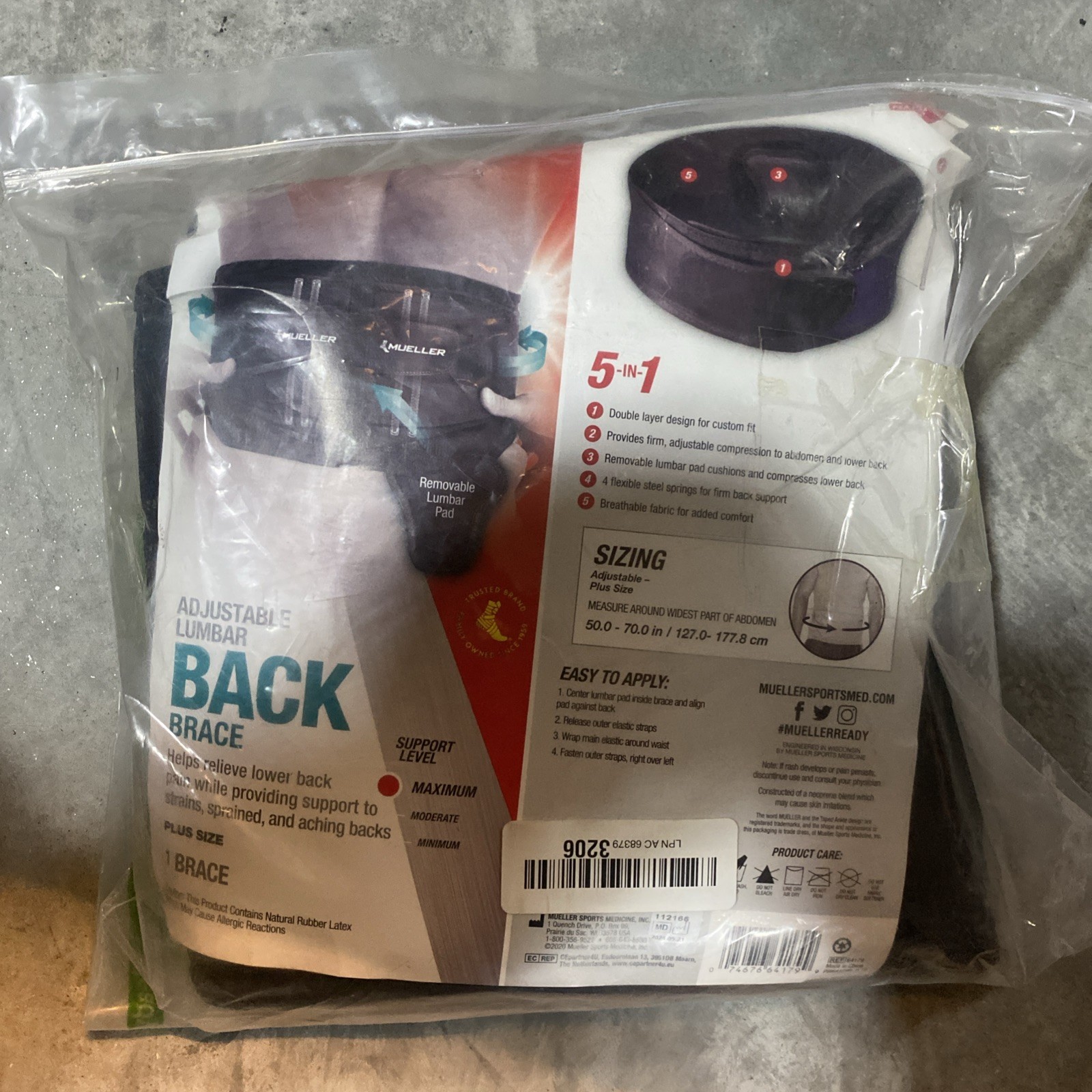 MUELLER Lumbar Back Brace Plus Size 50–70″ Support Belt