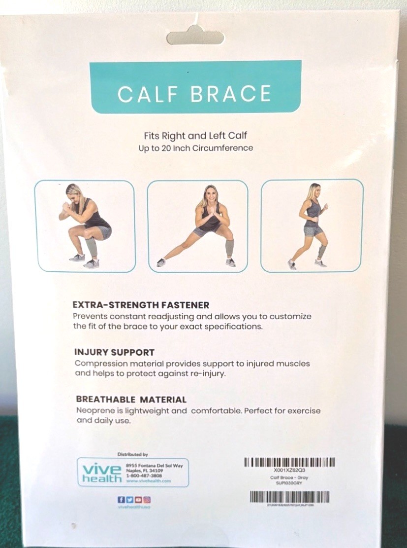 Vive Calf Brace Gray Neoprene Adjustable Compression Support-New!