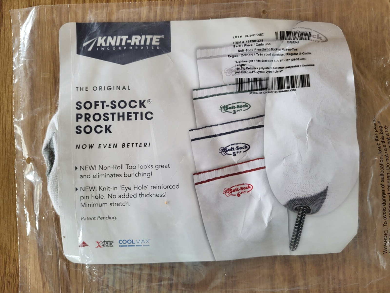 Knit-Rite Prosthetic Soft Sock X-Short Size #1 #2 8-12 Hole In Toe Grey Light