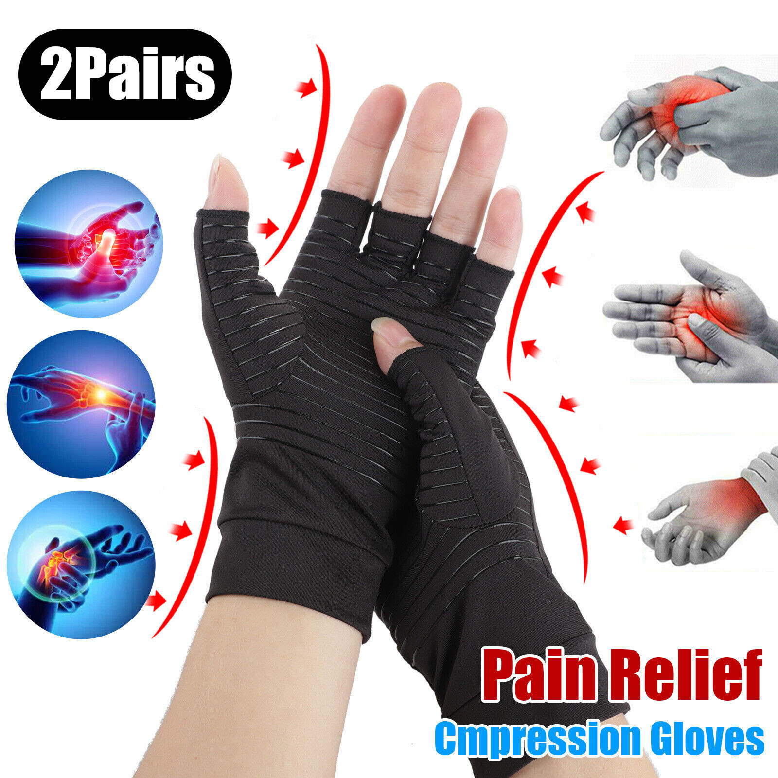 2 Pairs Copper Compression Arthritis Gloves Carpal Tunnel Joint Pain Relief Hand