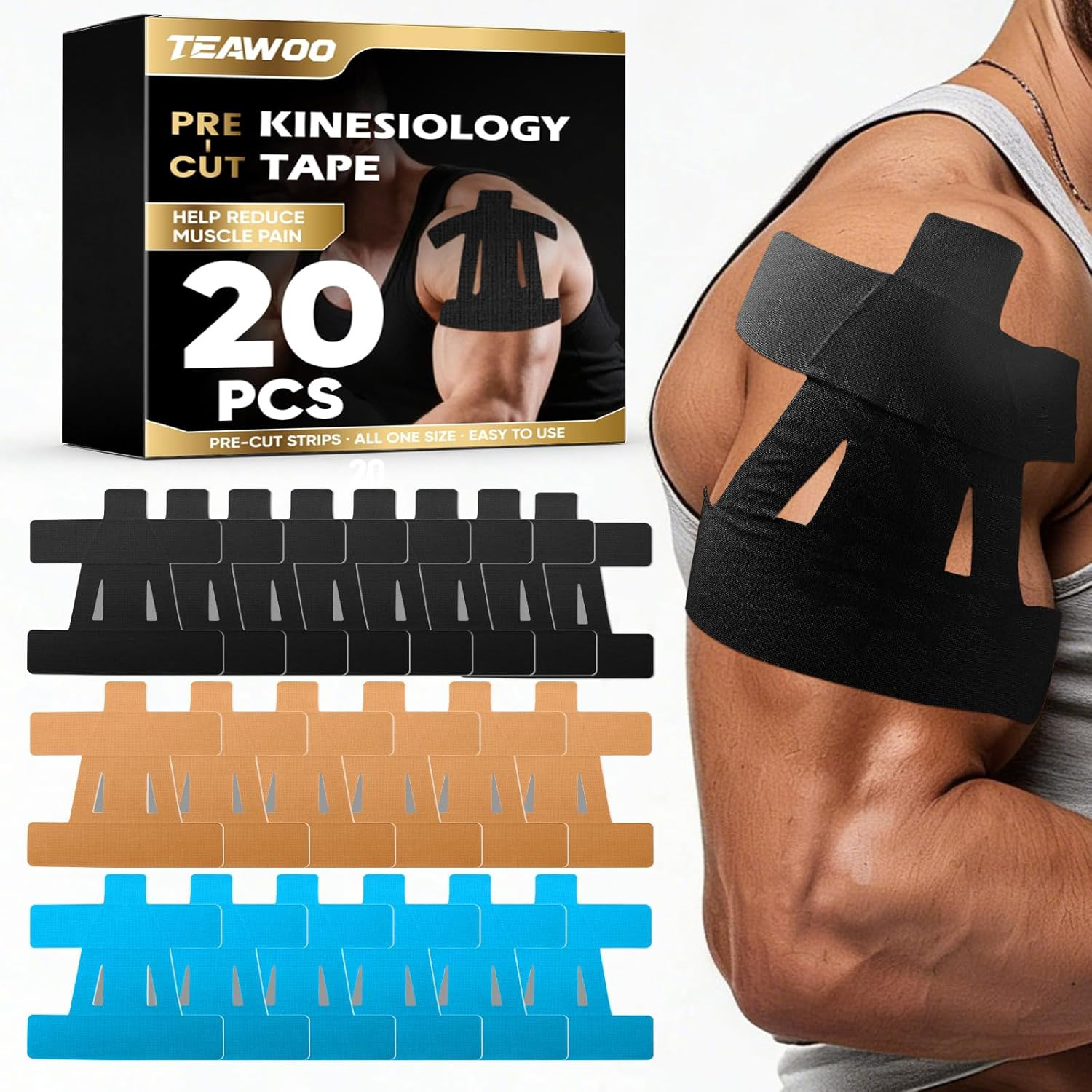 TEAWOO Precut Kinesiology Tape for Shoulder (20 Pcs) – Waterproof Breathable Ath