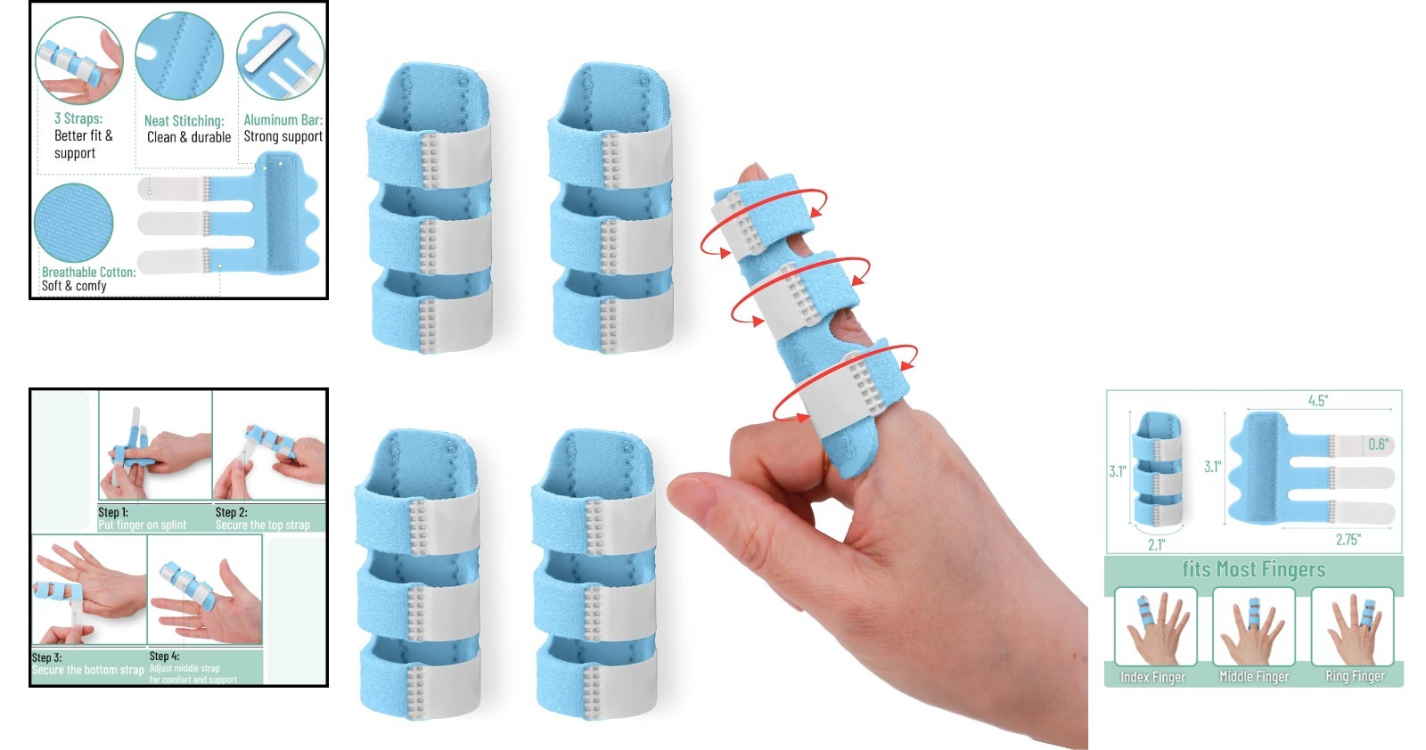 Adjustable Light Blue Finger Splints: 4-Pack for Joint Pain & Injury Support