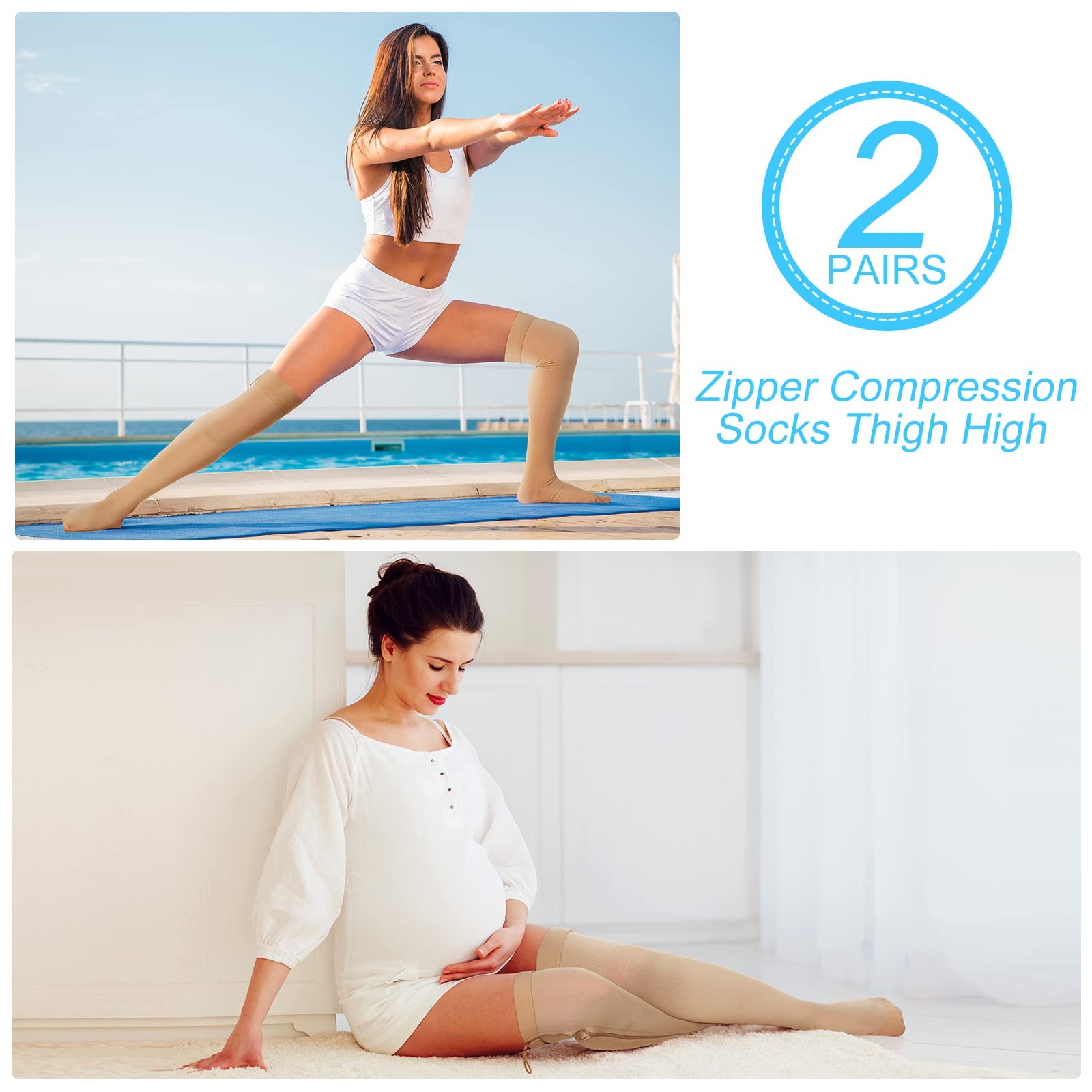 Sosation 2 Pairs Zipper Compression Socks Thigh High 20-30 Mmhg Closed Toe Th…