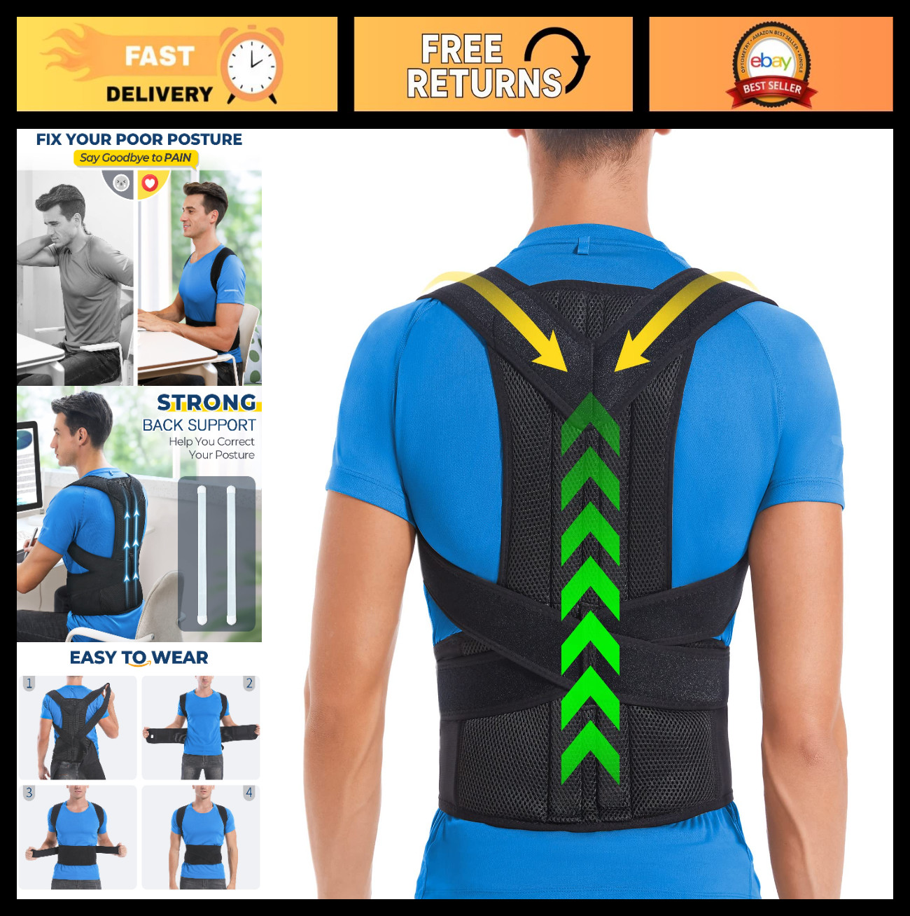 Adjustable Back Brace Posture Corrector for Men & Women, Pain Relief & Support,