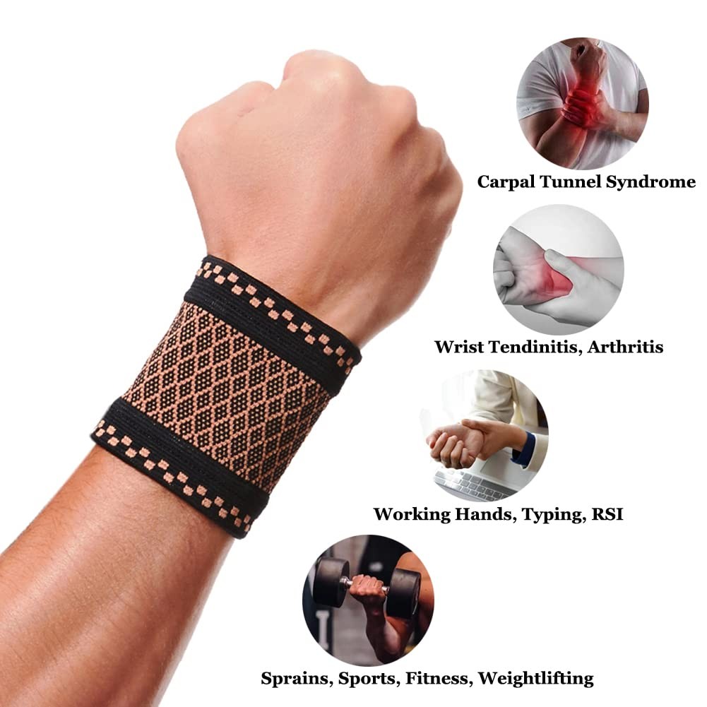 2 -Pcs Copper Wrist Compression Brace, Elastic Wrist Support Sleeve Wrist Braces