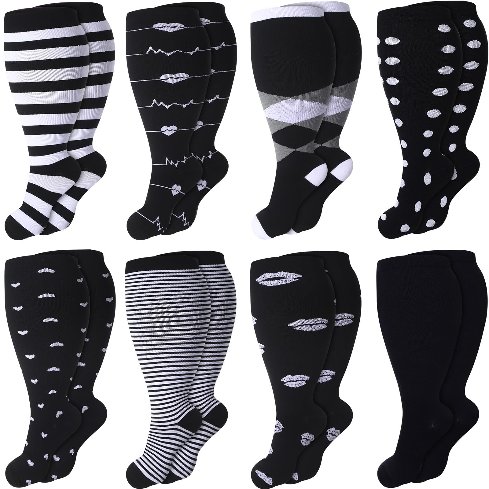 Plus Size Compression Socks 8 Pairs 20-30mmHg Wide Calf Knee Support Extra