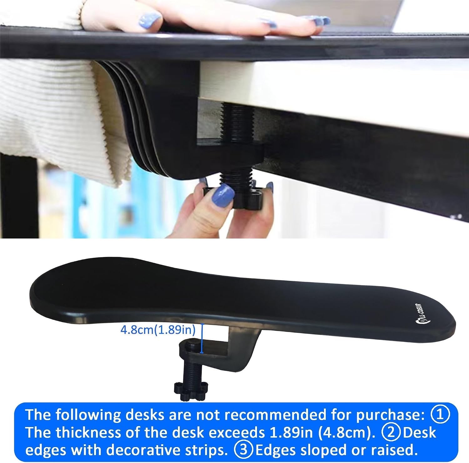 Deluxe 2pc Black Armrest Extender, Ergonomic Wrist Support Desk/Chair Mount