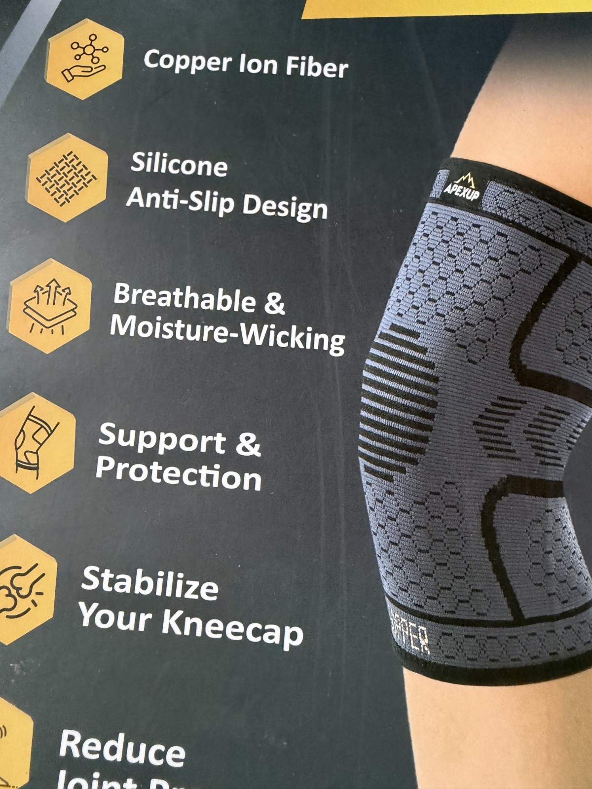 Apexup Black Copper Ion Fiber Pair Knee Brace Set Size XL