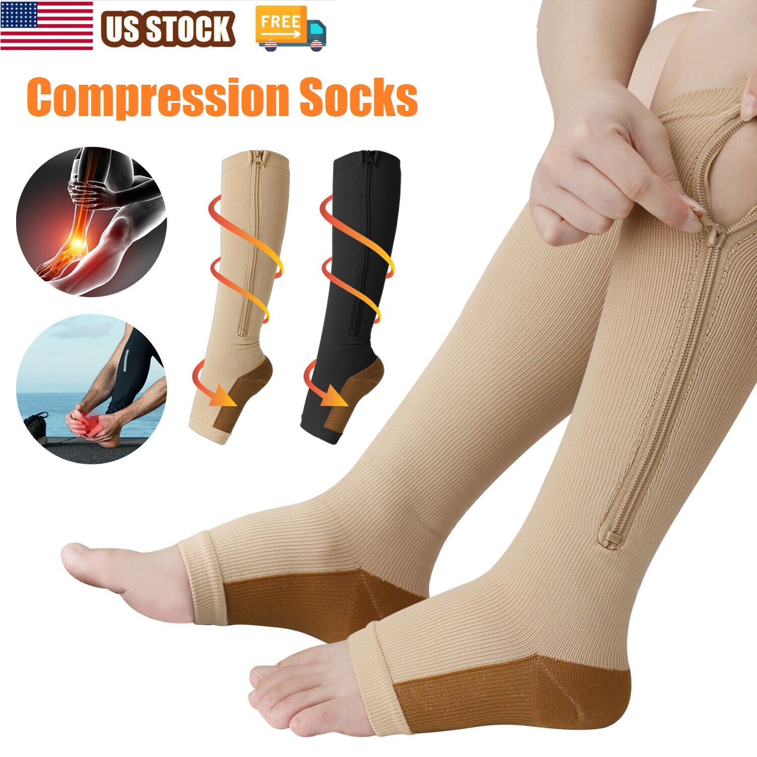 Zipper Compression Socks Women & Men Calf Knee High 15-20mmHg Open Toe Compressi