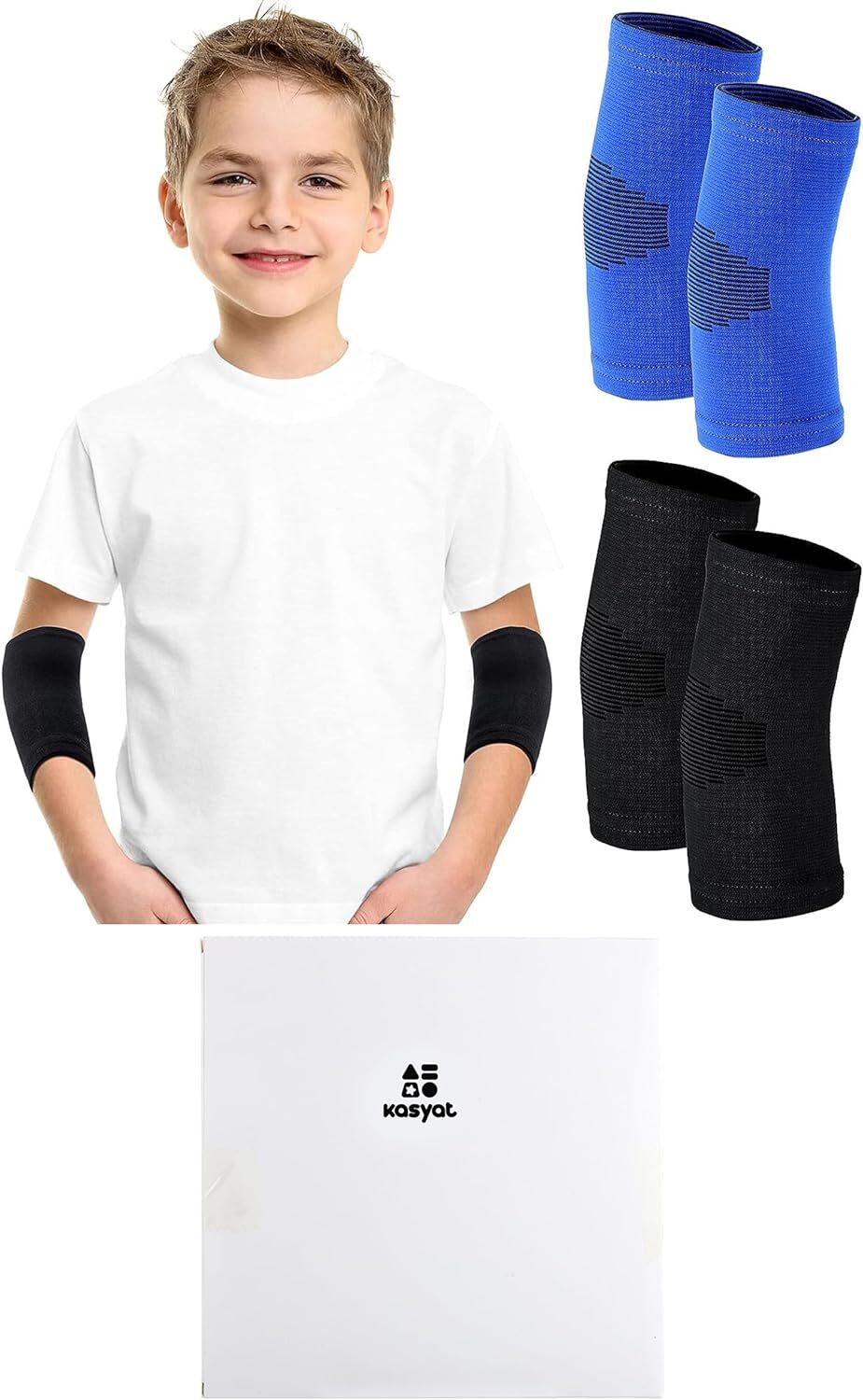 Kasyat Kids Elbow Brace Knit Compression Sleeve Medium, Black, Blue
