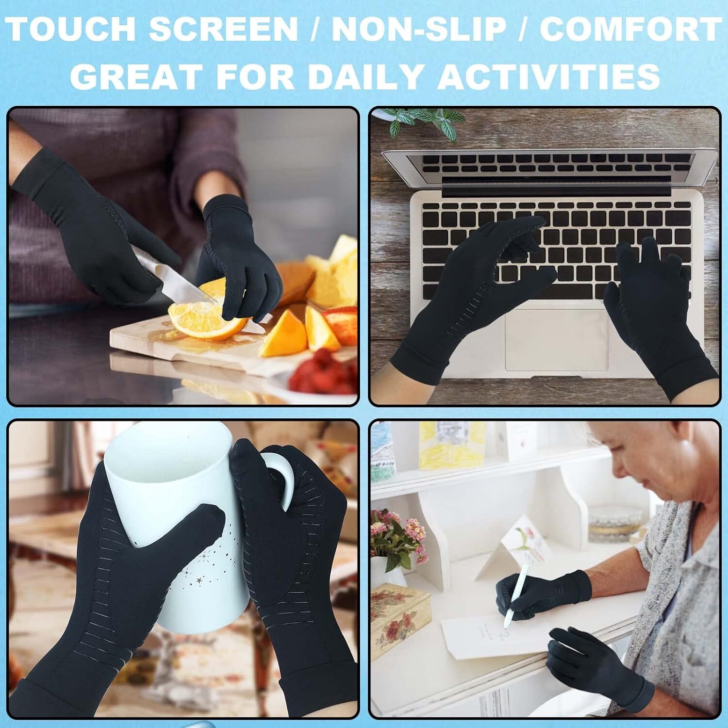 2 Pairs Full Finger Copper Arthritis Compression Gloves with Touchscreen Tips