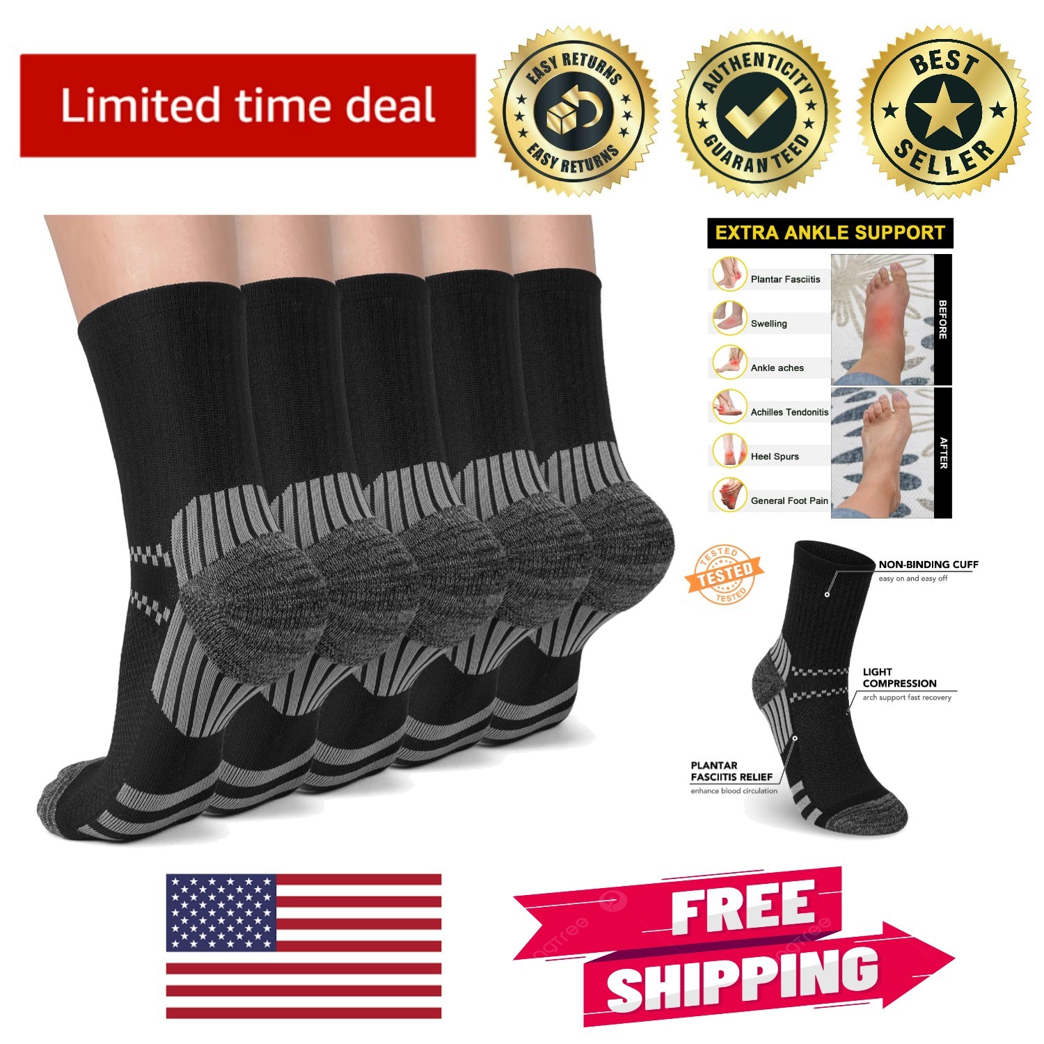 5 Pairs Copper Compression Socks for Ankle Support & Plantar Fasciitis Relief