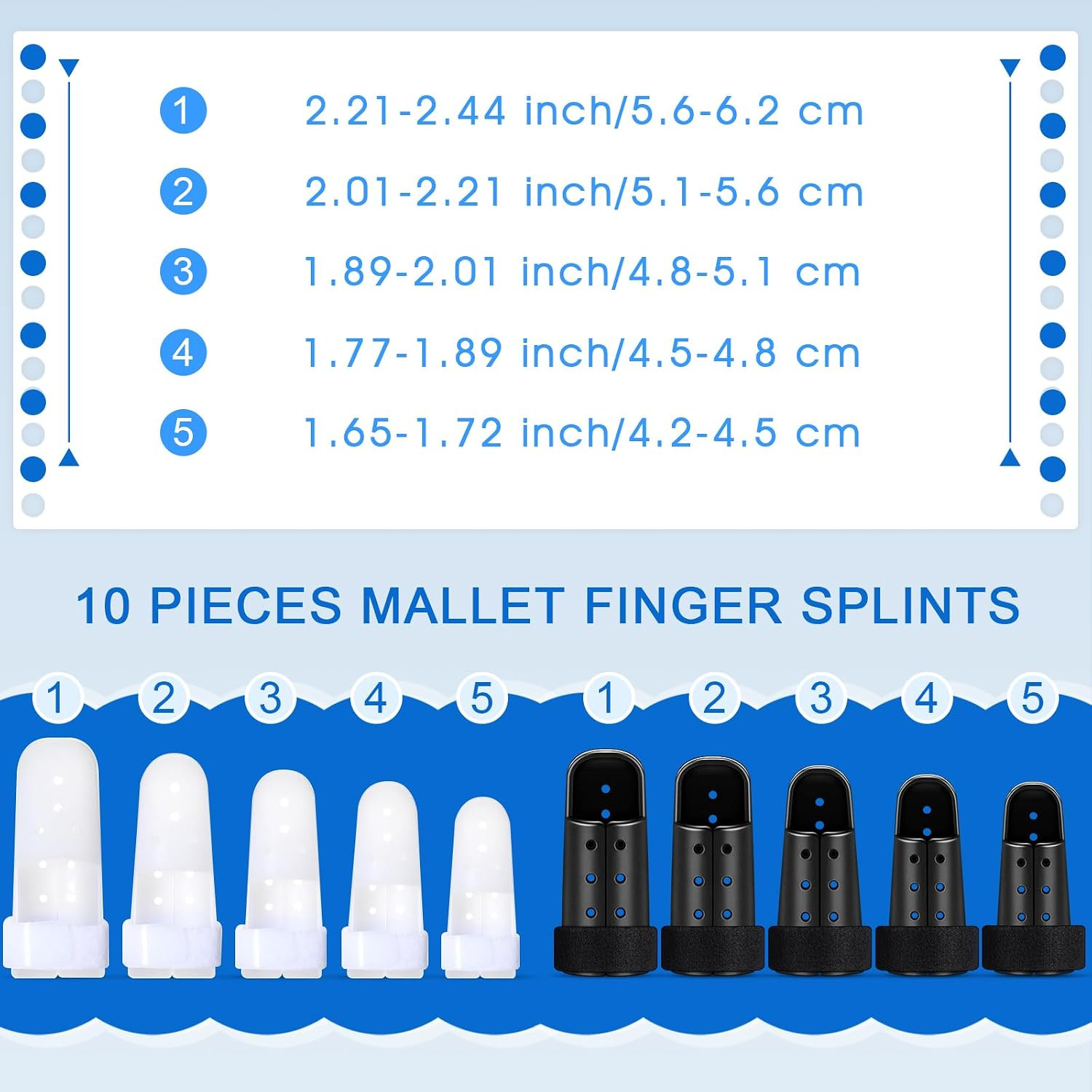 10 Pcs Mallet Finger Splint Thumb Splint 5 Size Finger Support Brace White/Black