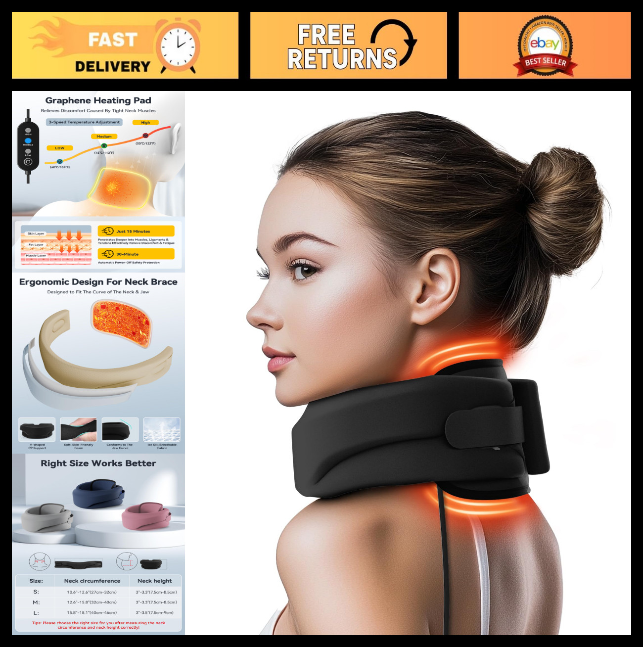 Heated Neck Brace Support Collar with Heating Pad – Soft Foam for Cervical Relie
