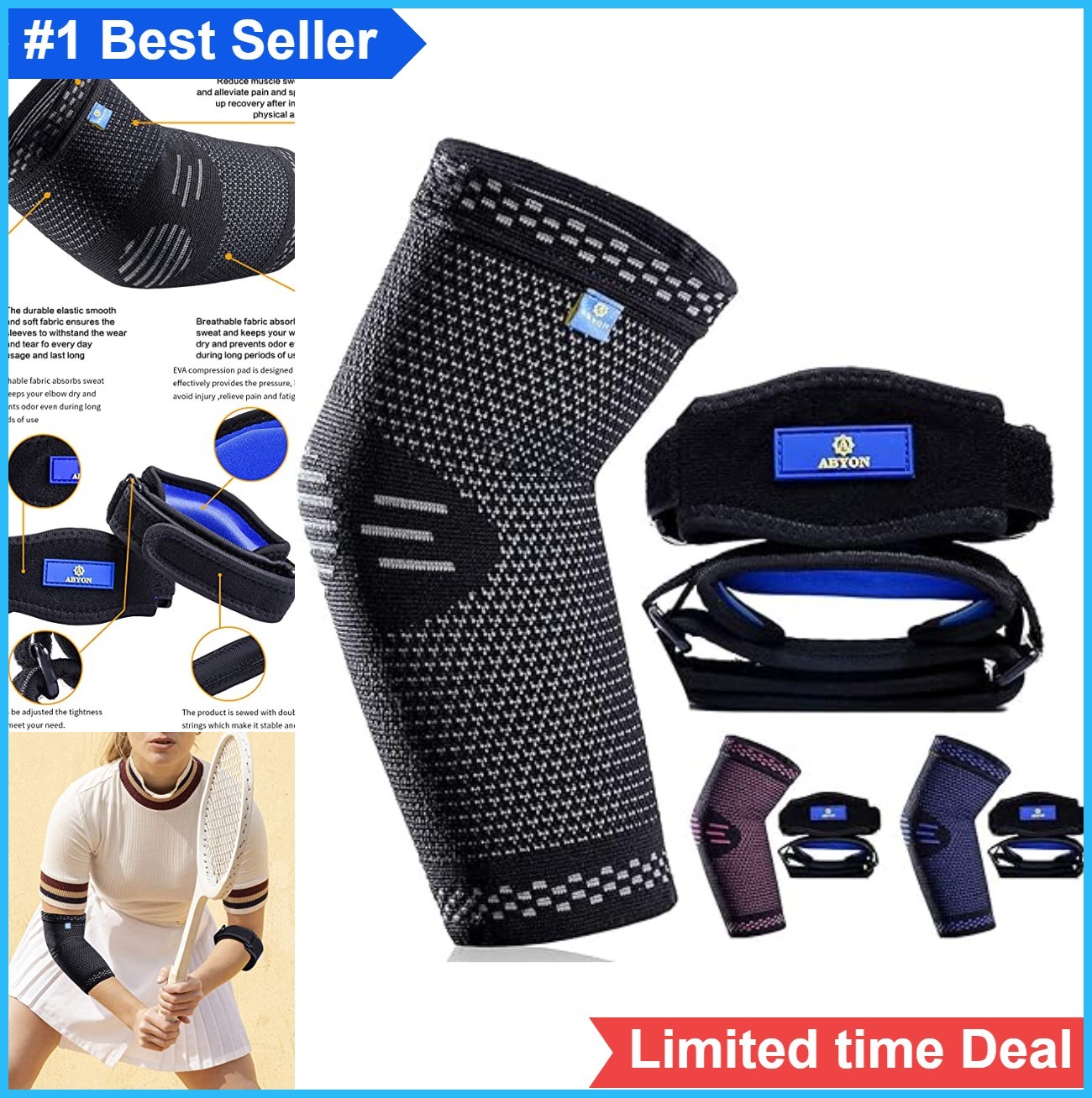 Compression Elbow Support Sleeve 2 Pack Tennis Golfer Pads Pain Relief