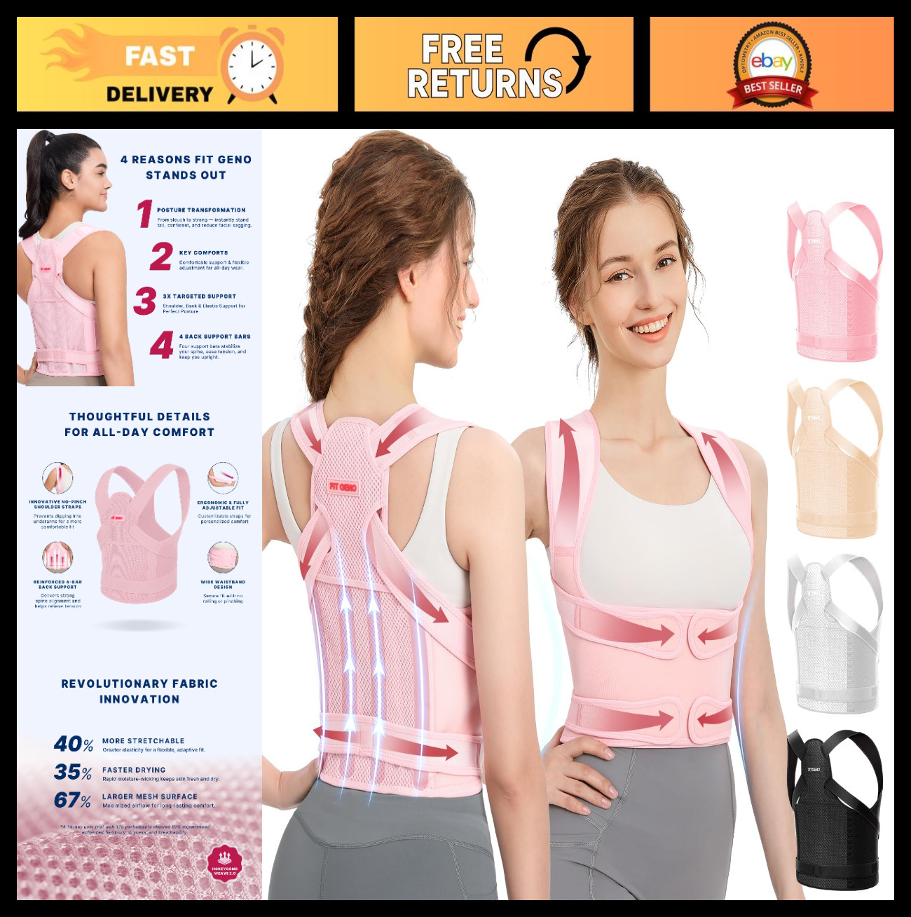 Adjustable Back Brace Posture Corrector for Men & Women, Full Support, Pain Reli